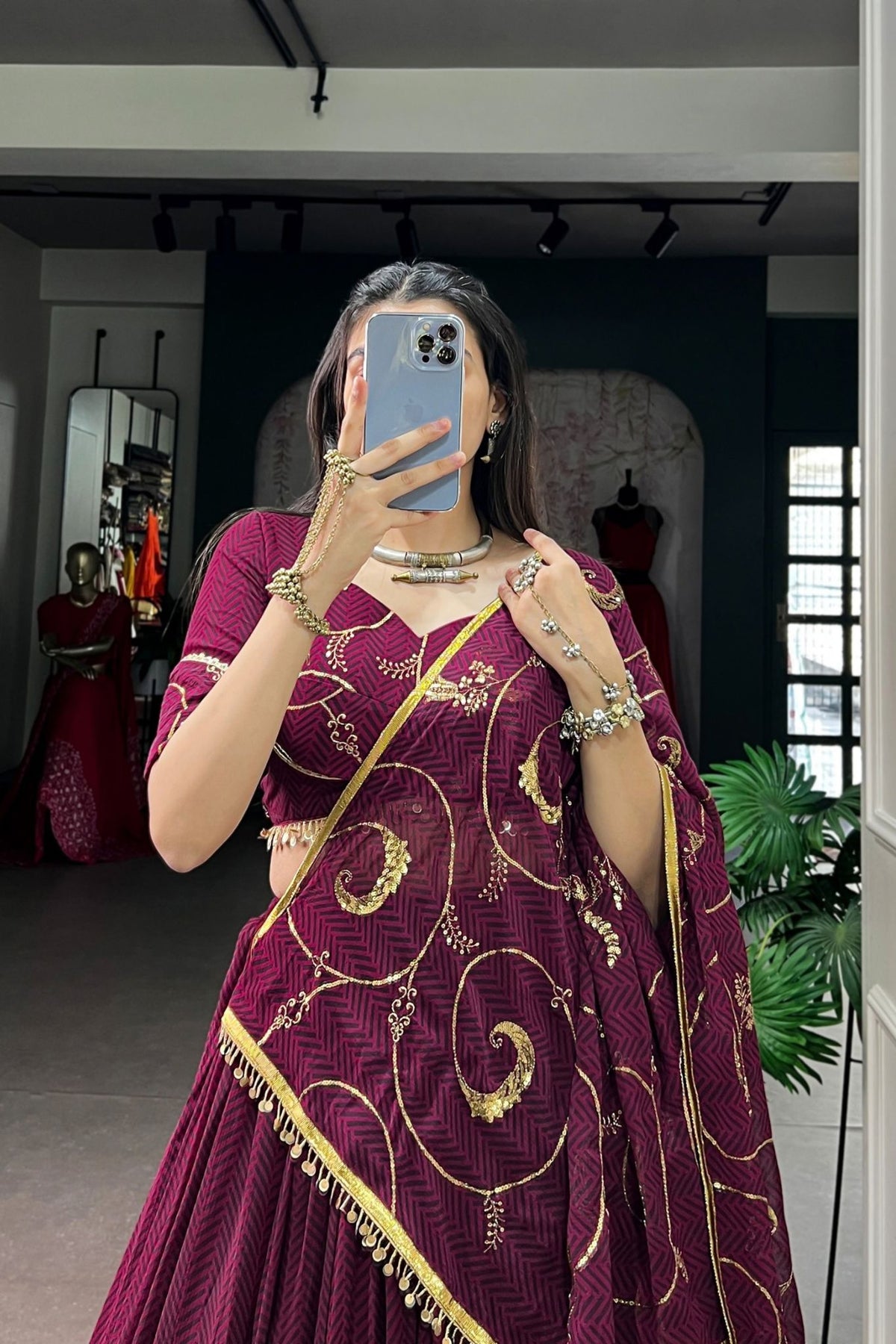 Wine Lightweight Designer Sequins Thread Embroidery Work Garba Lehenga Choli