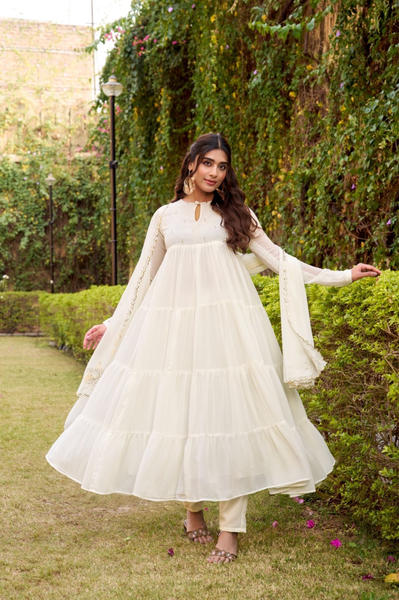 Ethereal Marble Refined Foil Work Anarkali Set With Flowing Dupatta