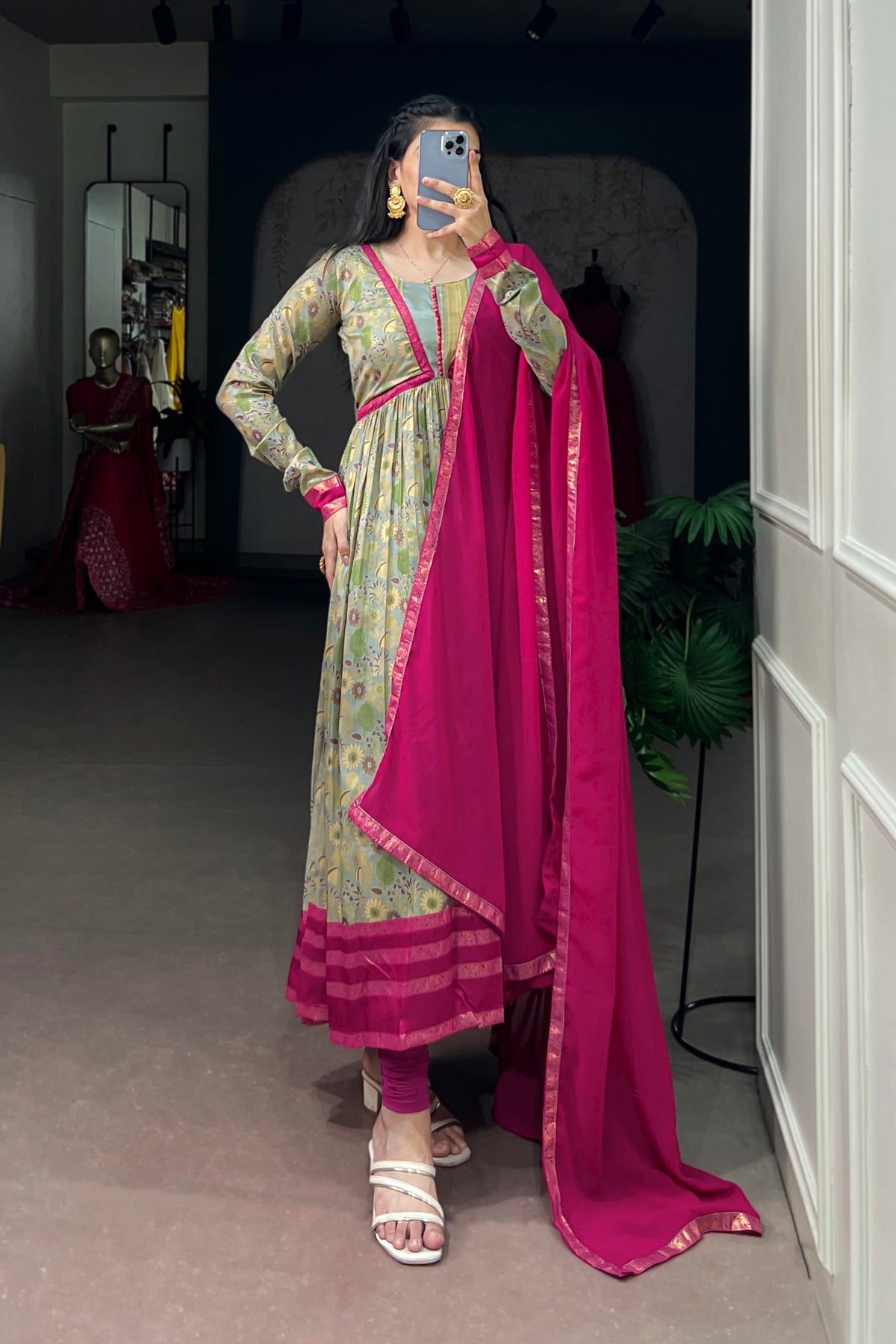 Tasar Silk Floral Print Anarkali Dress with Foil Work & Georgette Lace Border Dupatta
