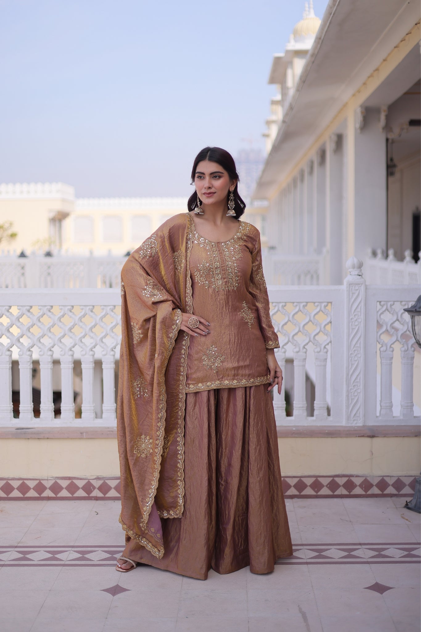 Fendi Crush Zari Sequins Embroidered Kurti Sharara Set With Designer Dupatta