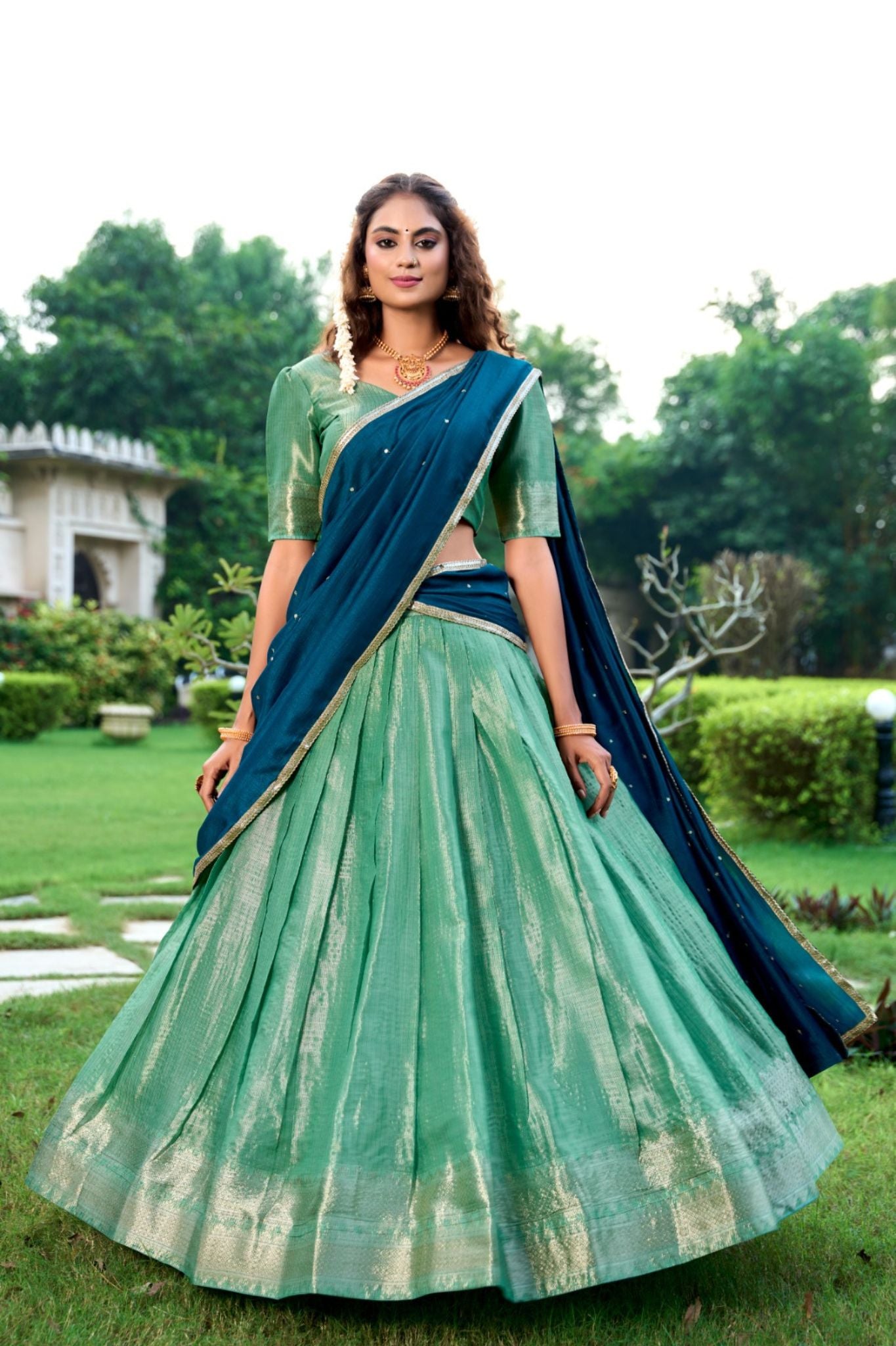 Kanchipuram Silk Lehenga Collection Green, Beige, and Pink with Contrasting Dupattas