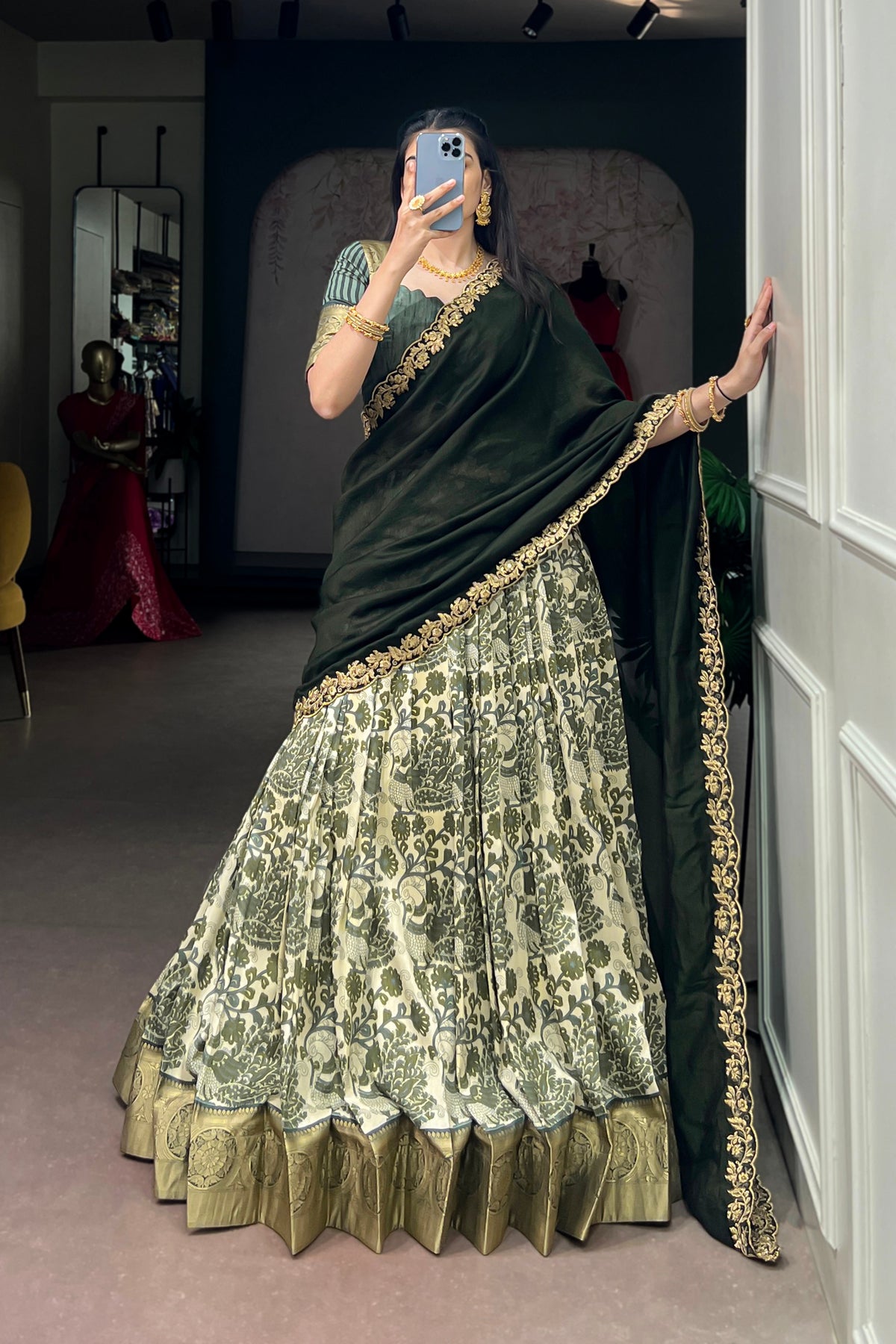 Designer Peacock Floral Print Half Saree Lehenga Choli