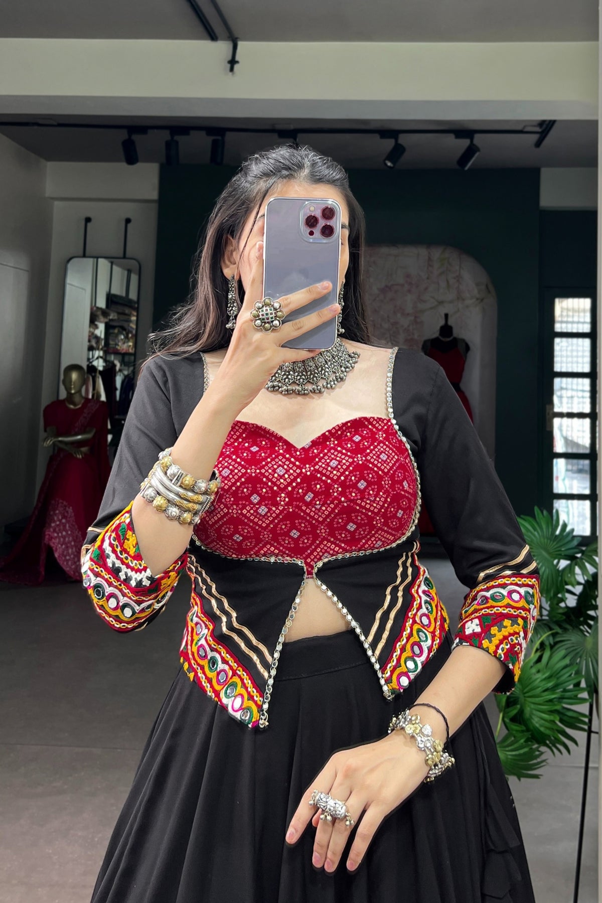 Rayon Navratri Bandhej Print Designer Gamthi Work Lehenga Choli