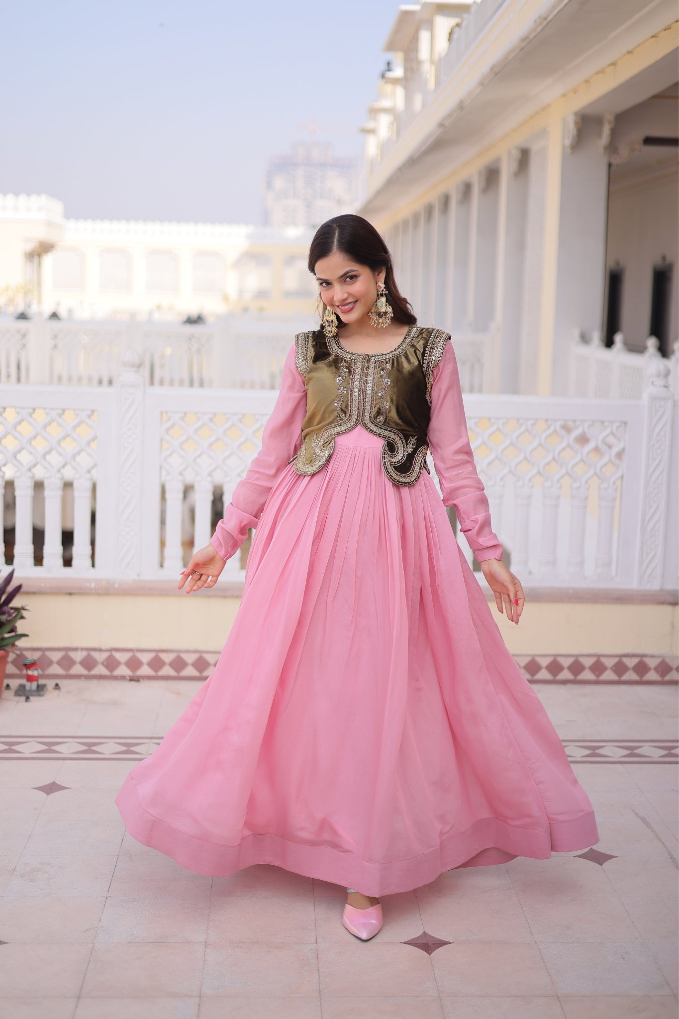 Mal Chanderi Anarkali Gown With Velvet Koti For Women