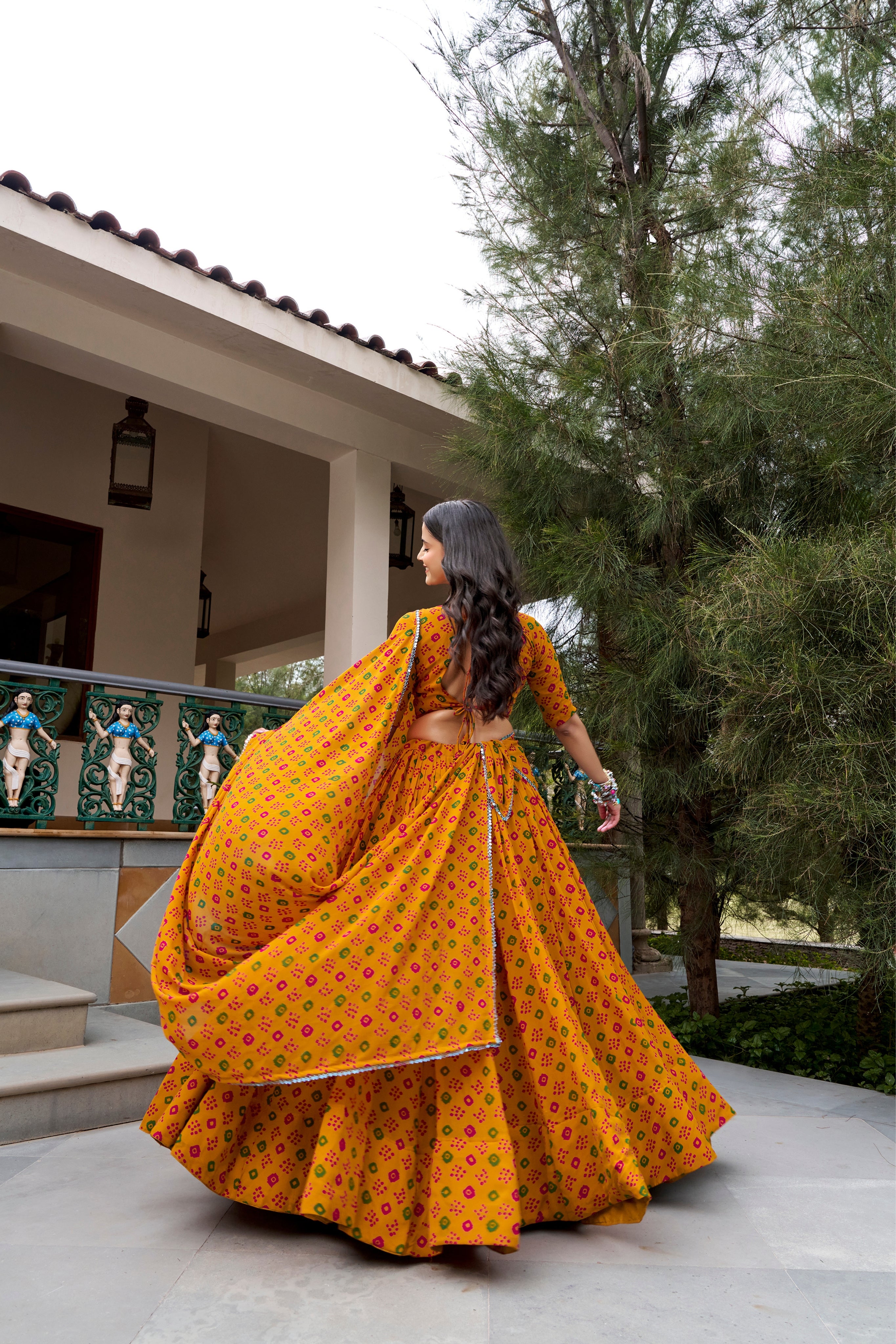 Mustard Georgette Bandhej Print With Embroidery Work Designer Navratri Chaniya Choli For Women