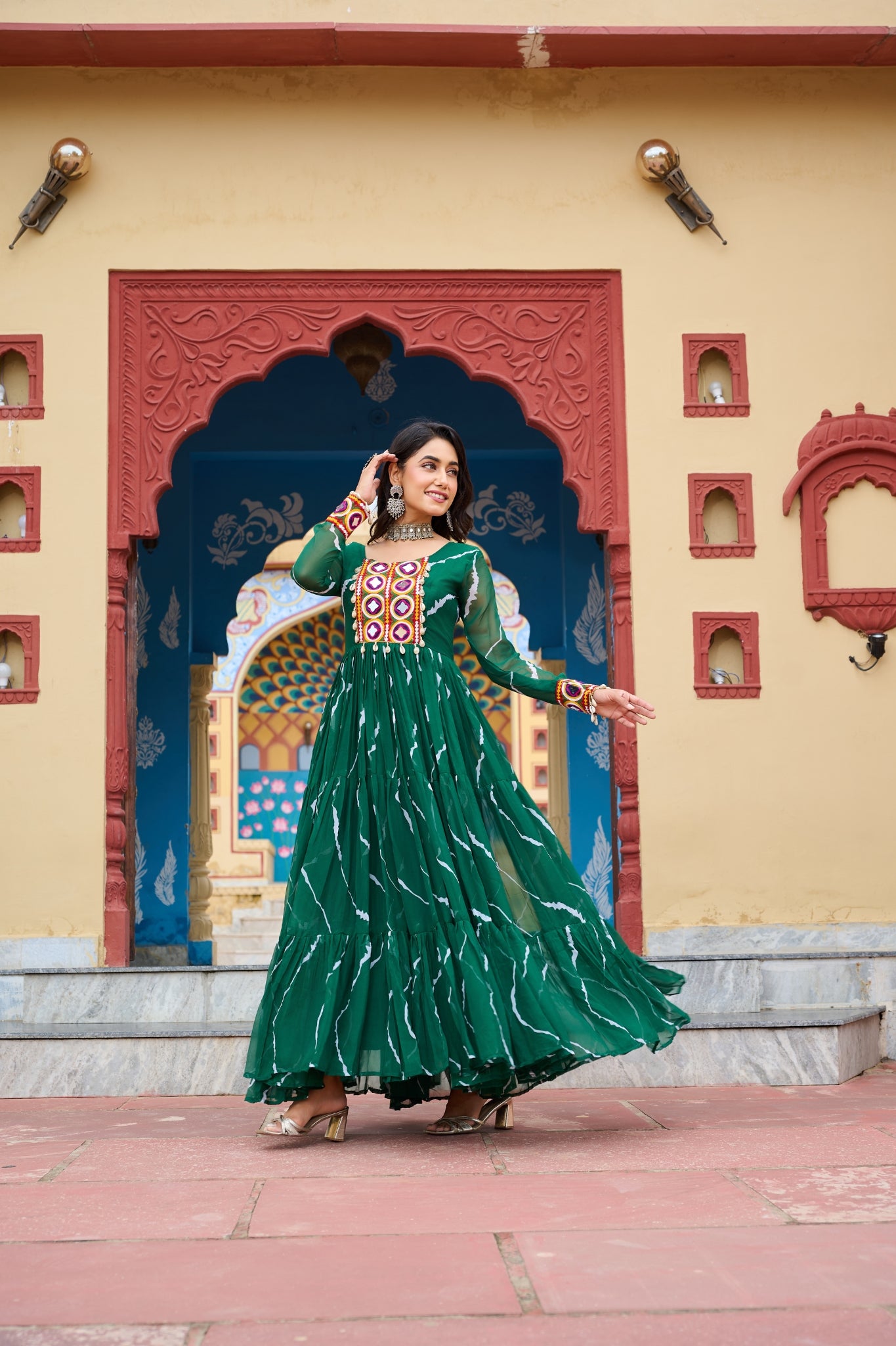 Stunning Laheriya Print With Kutchi Patch Work Georgette Stylish Navratri Gown