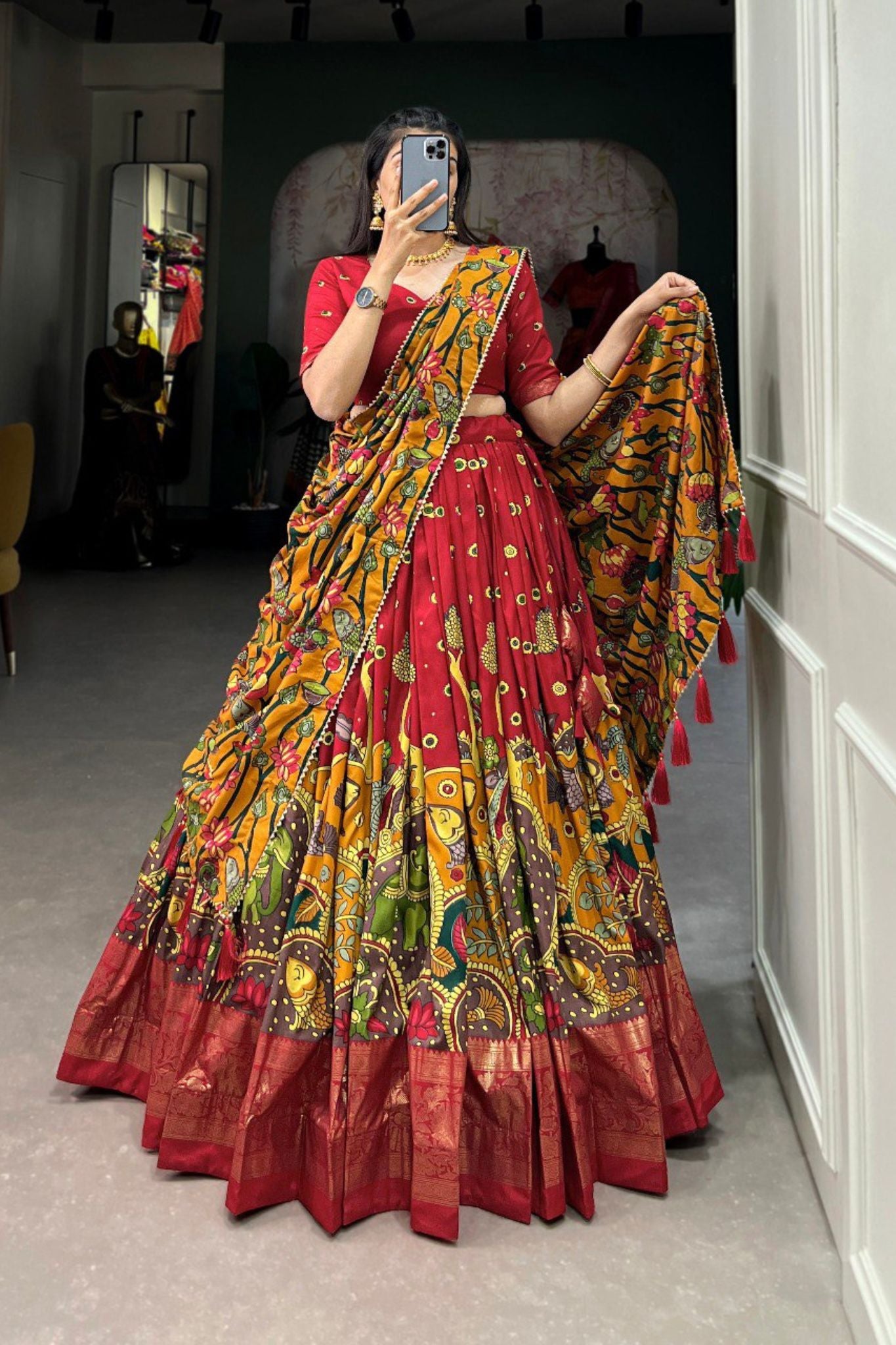 Kalamkari Print With Foil Work Lehenga Choli