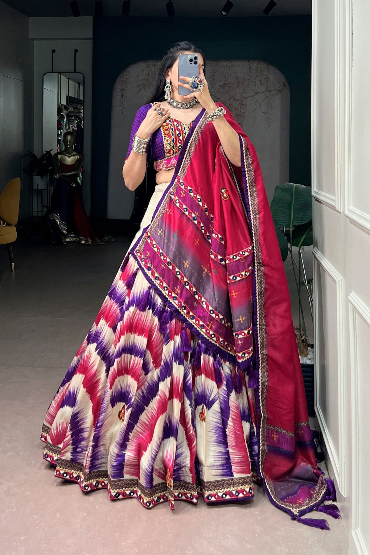 Tasar Silk Tie & Dye With Gamthi Work Navratri Lehenga Choli