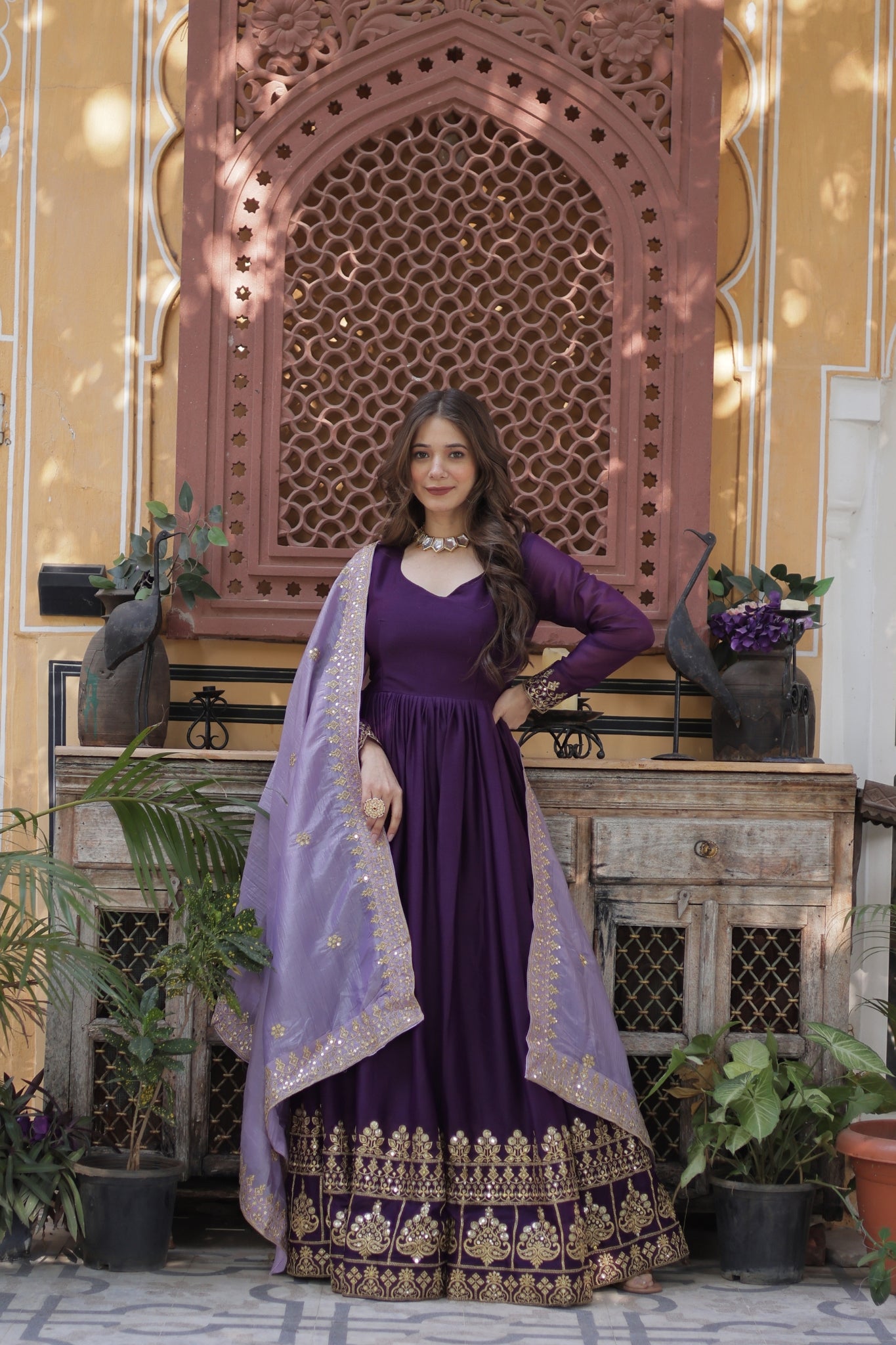 Festive Elegance Georgette Embroidered Zari Sequins Work Wedding Gown With Dupatta Set