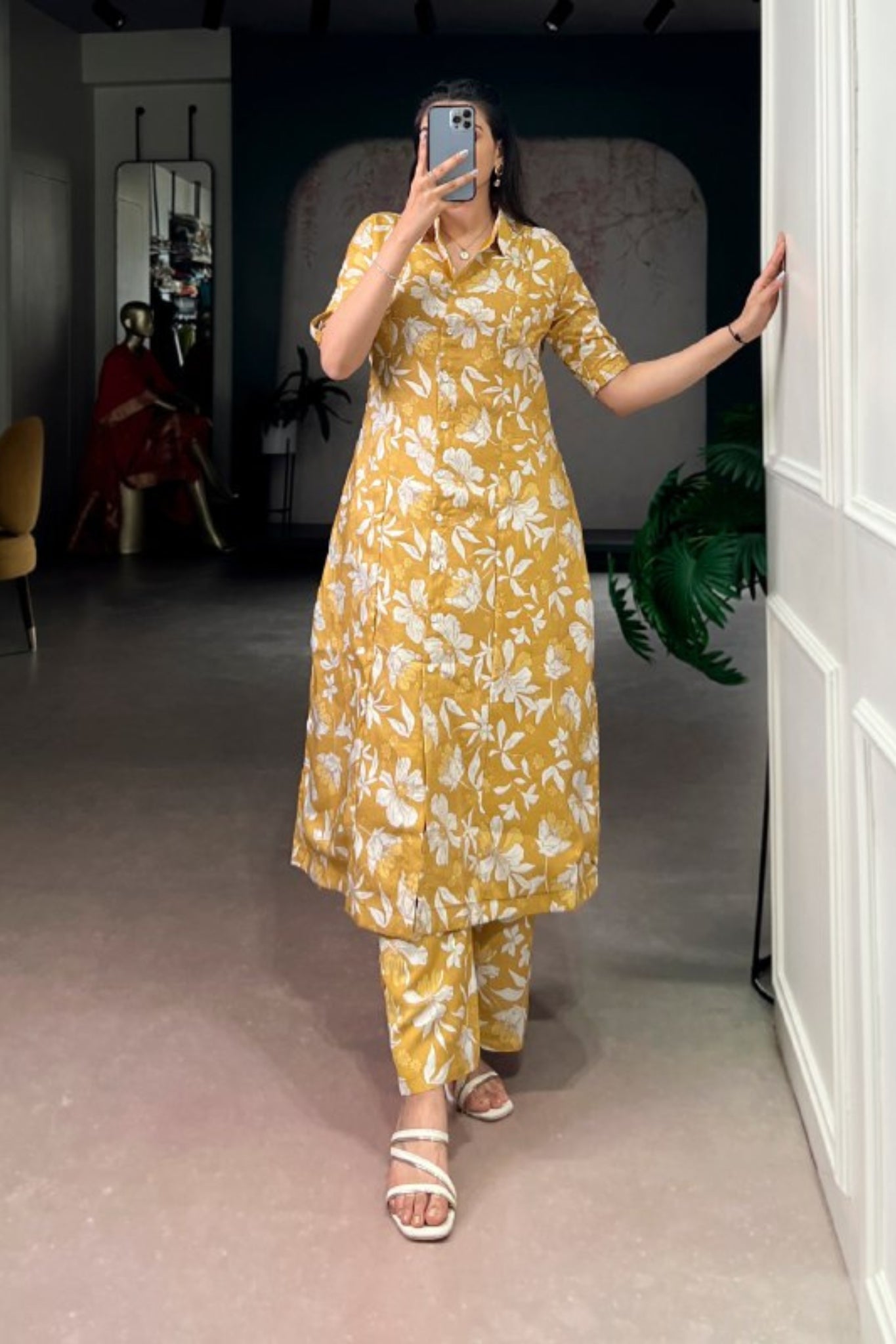 Floral Foil Print Chanderi Kurta Pant Set For Women
