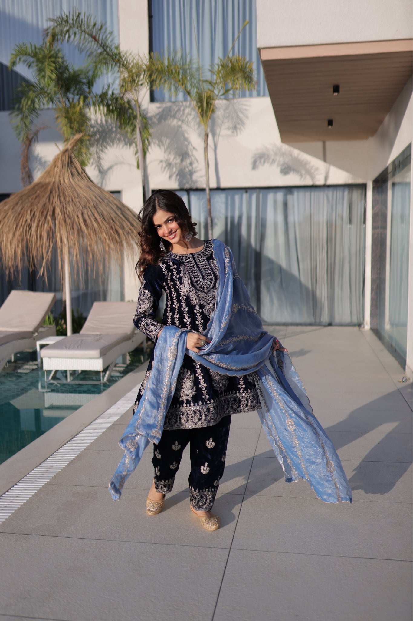 Luxury Designer Velvet Zari Embroidered Suit Set With Fendi Dupatta