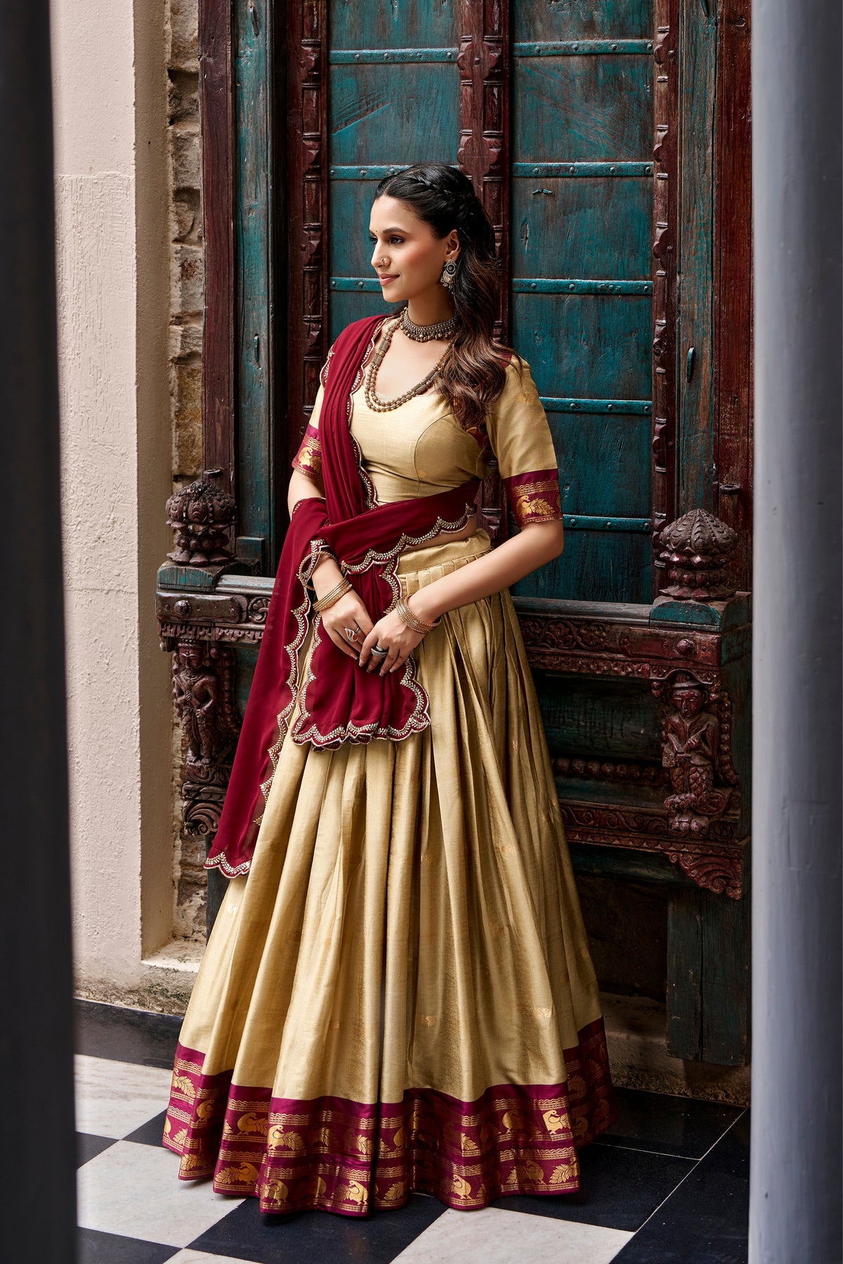 Buy South Indian Cotton Silk Lehenga Choli With Zari Woven Border