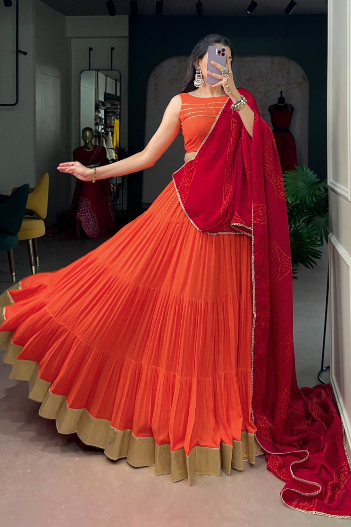 Orange Rayon Navratri Lehenga Choli With Chiffon Dupatta