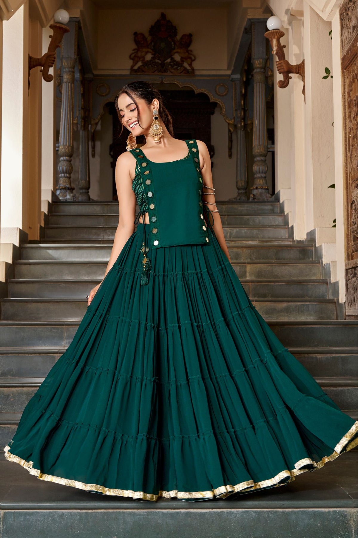14 Meter Full Gher Navratri Showstopper Lehenga Choli With Mirror Koti
