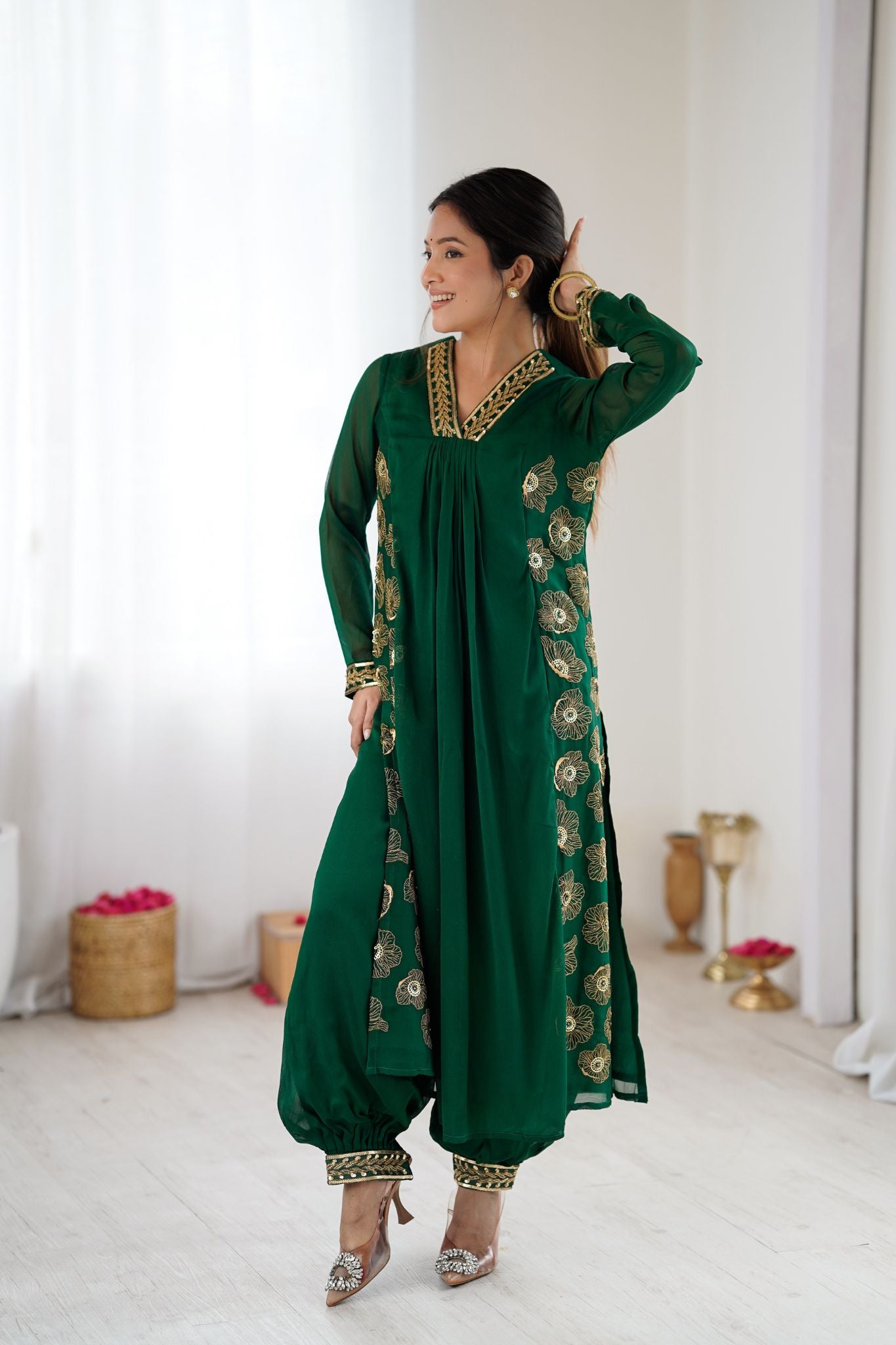 Emerald Green Floral Embroidered Designer Pure Georgette Kurta Set For Women