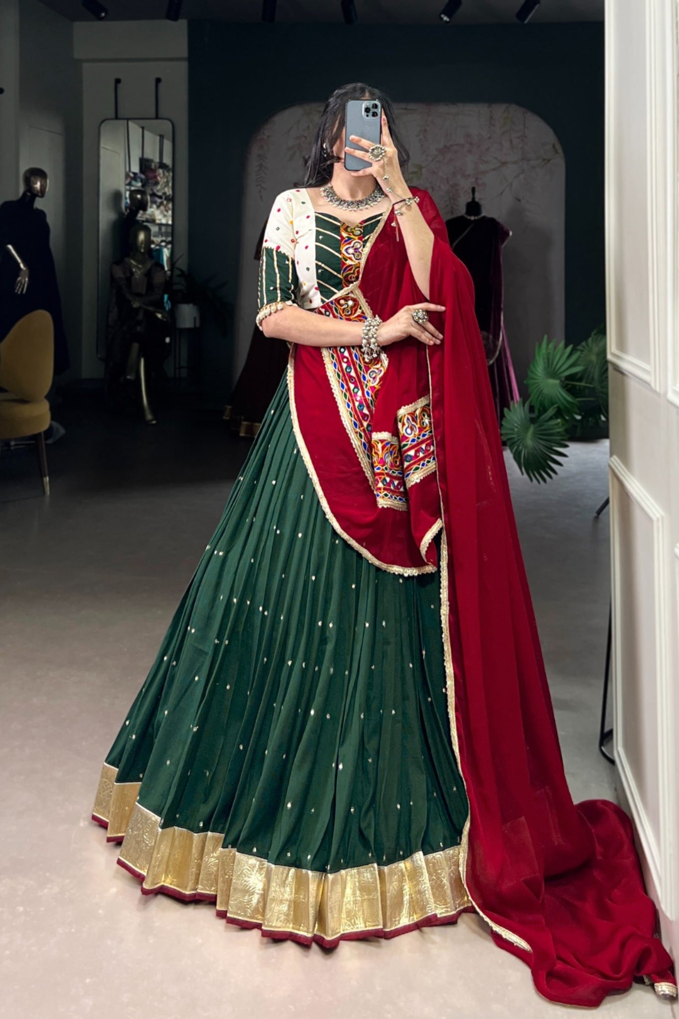 Green Sequins Thread Embroidered Embossed Designer Navratri Lehenga Choli