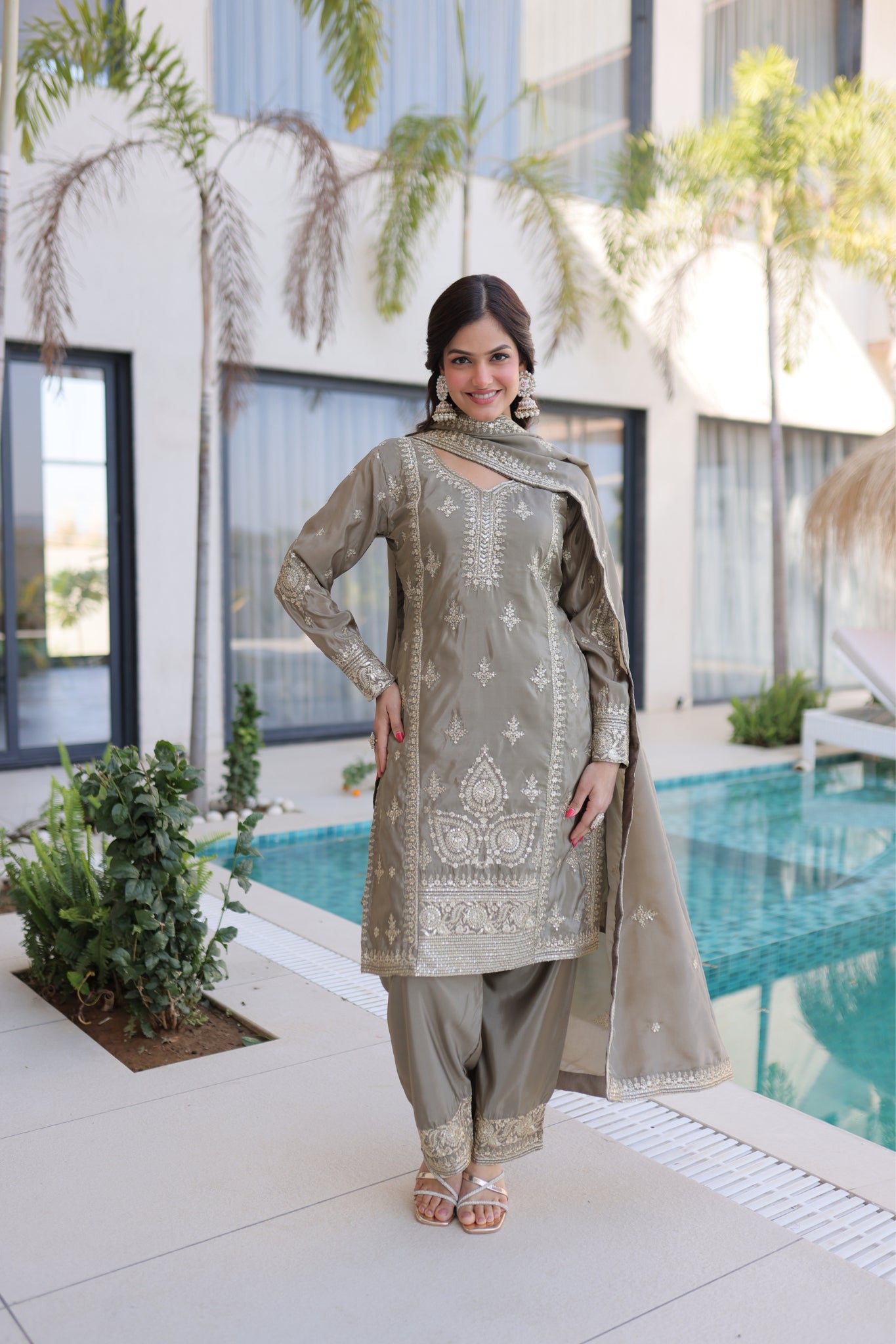 Luxury Ho Silk Designer Multi With Thread Embroidery Suit Set