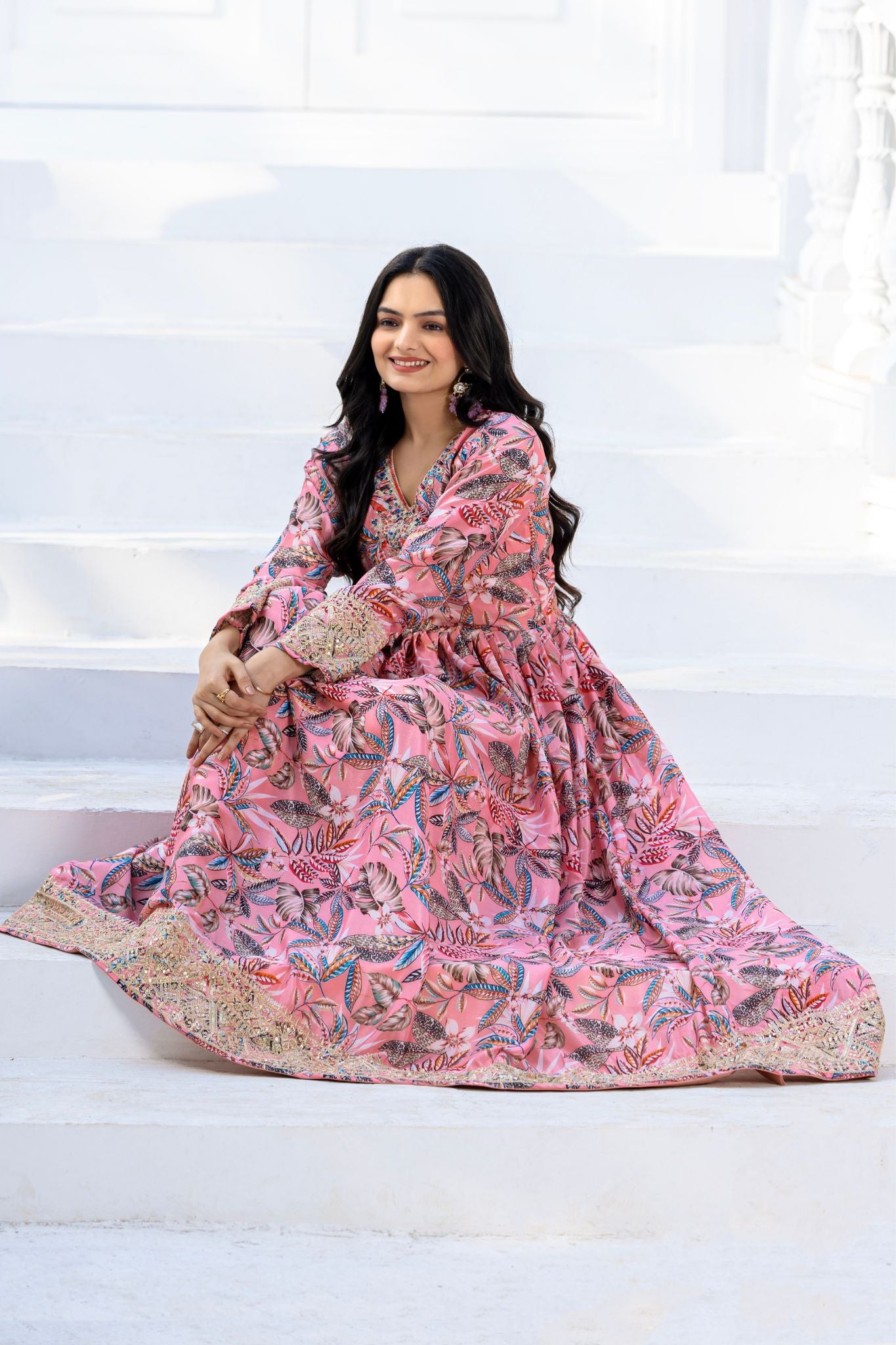 Floral Printed Stunning Embroidered Anarkali Dress