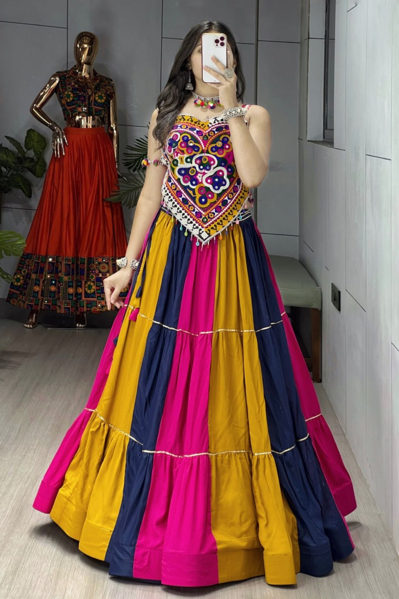 New Multicolor Frilled Pattern Real Mirror Work Navratri Chaniya Choli For Women