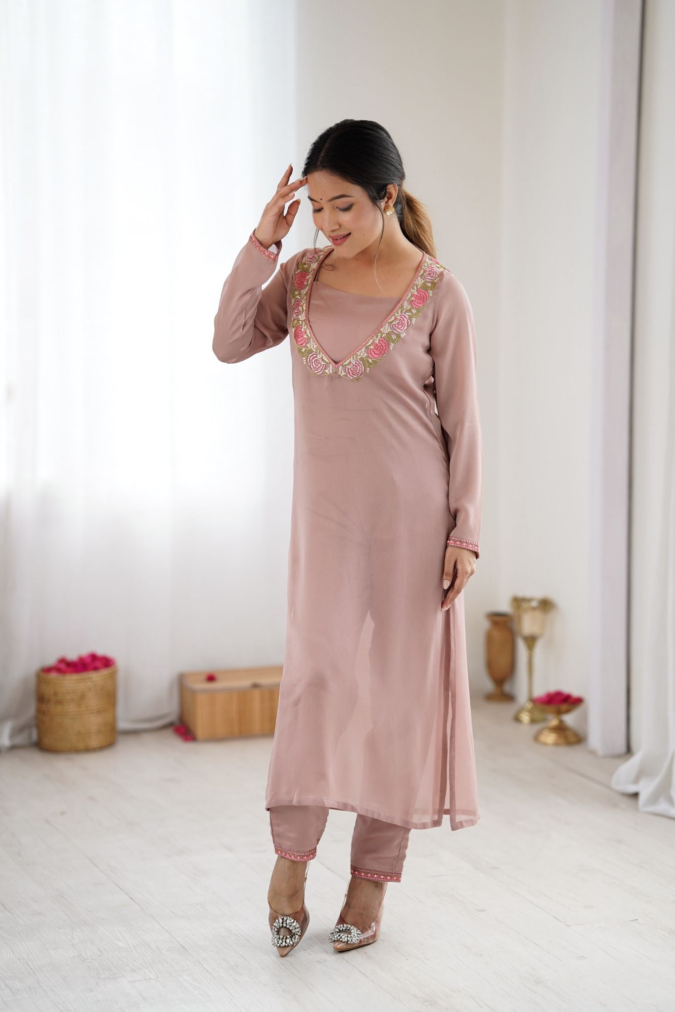 Dusty Rose Floral Embroidered Designer 3 Piece Co-Ord Set for Women