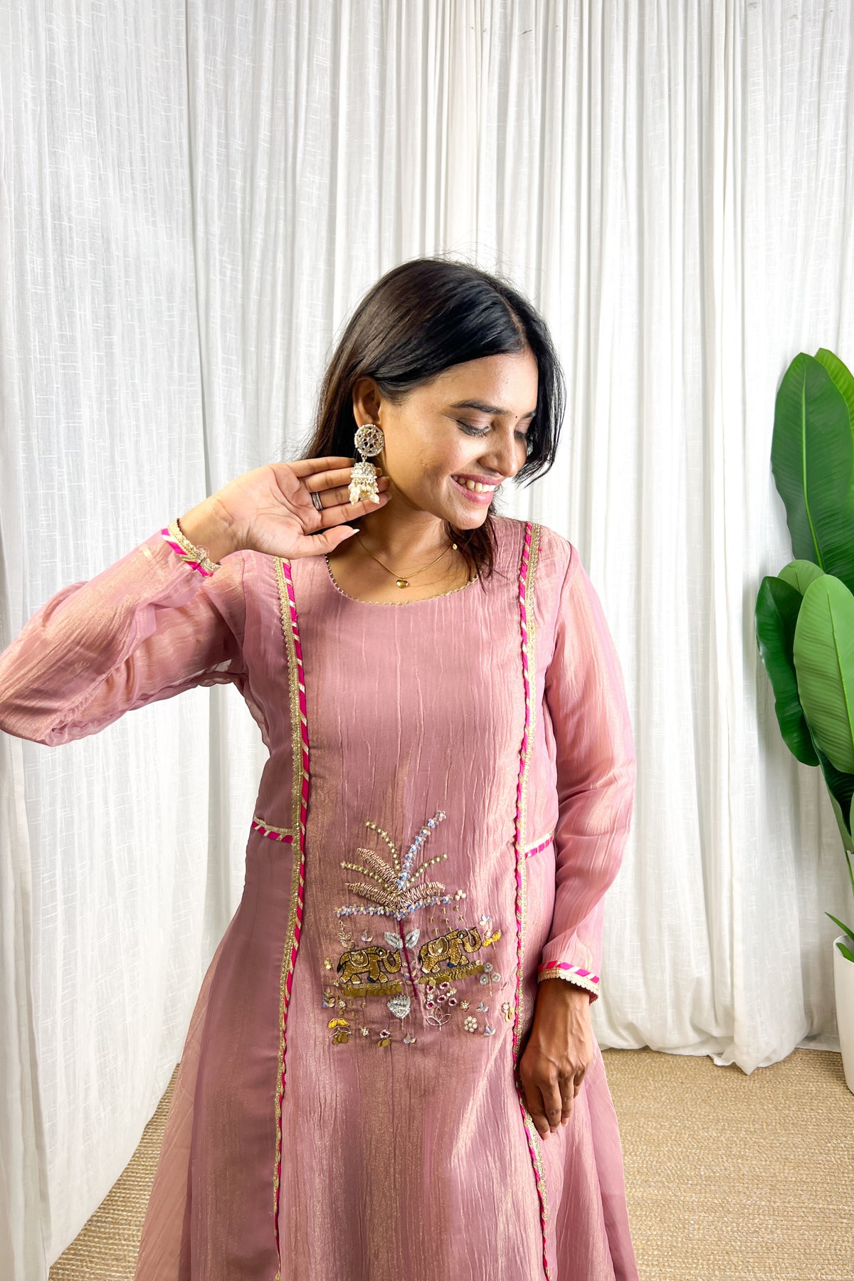 Dusty Pink Handmade Designer Elephant & Palm Handwork Festive Kurta Set For Women