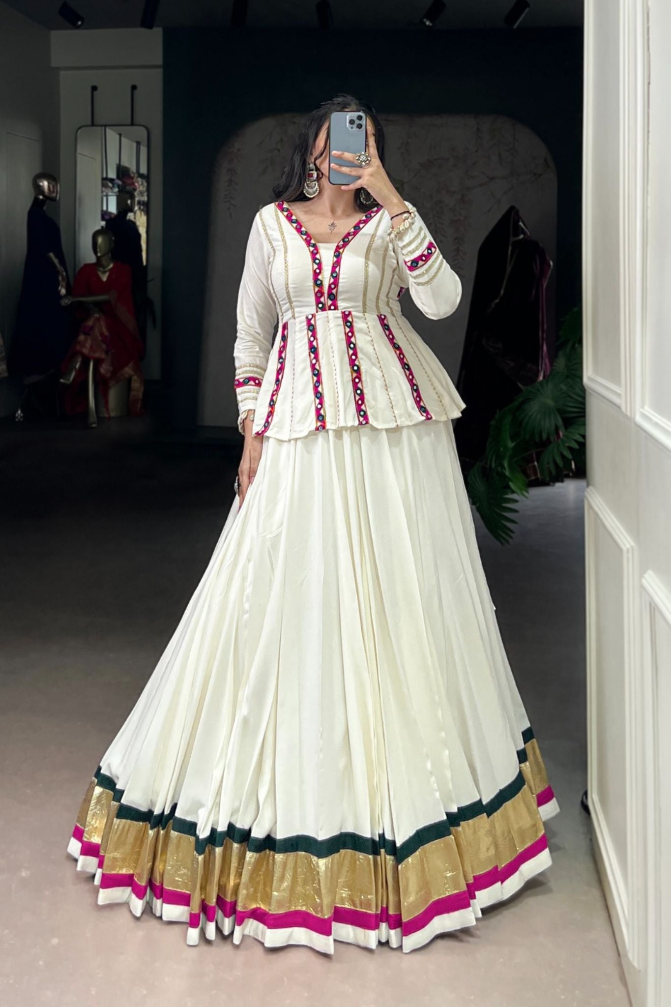 White Designer Original Mirror Gamthi Work Navratri Lehenga Choli