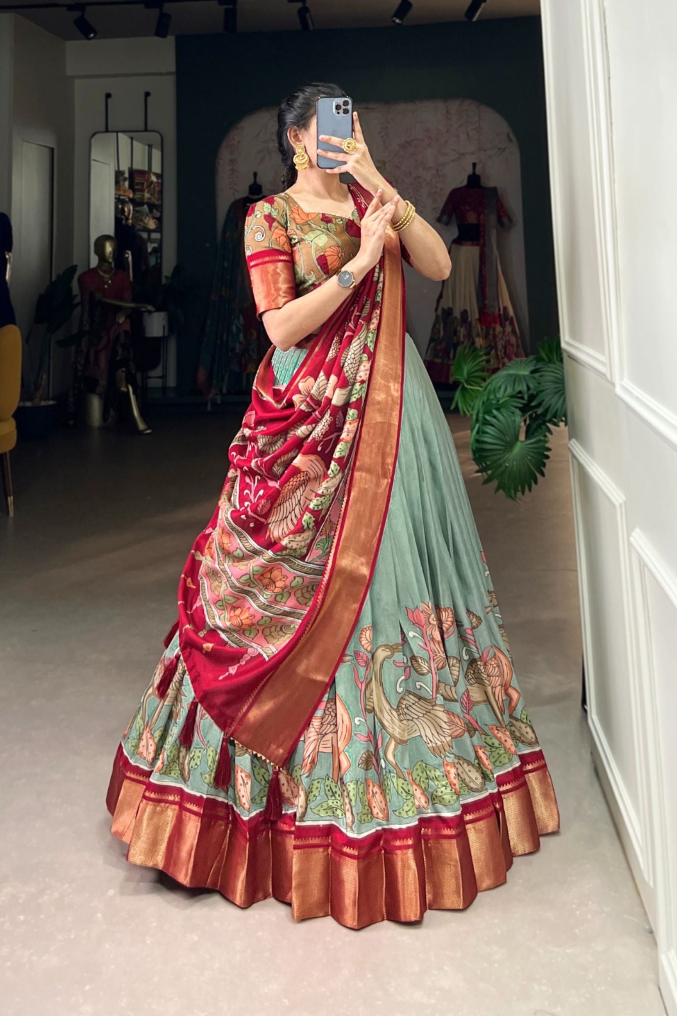 Admiral Kalamkari Printed Bird Motifs Lehenga Set