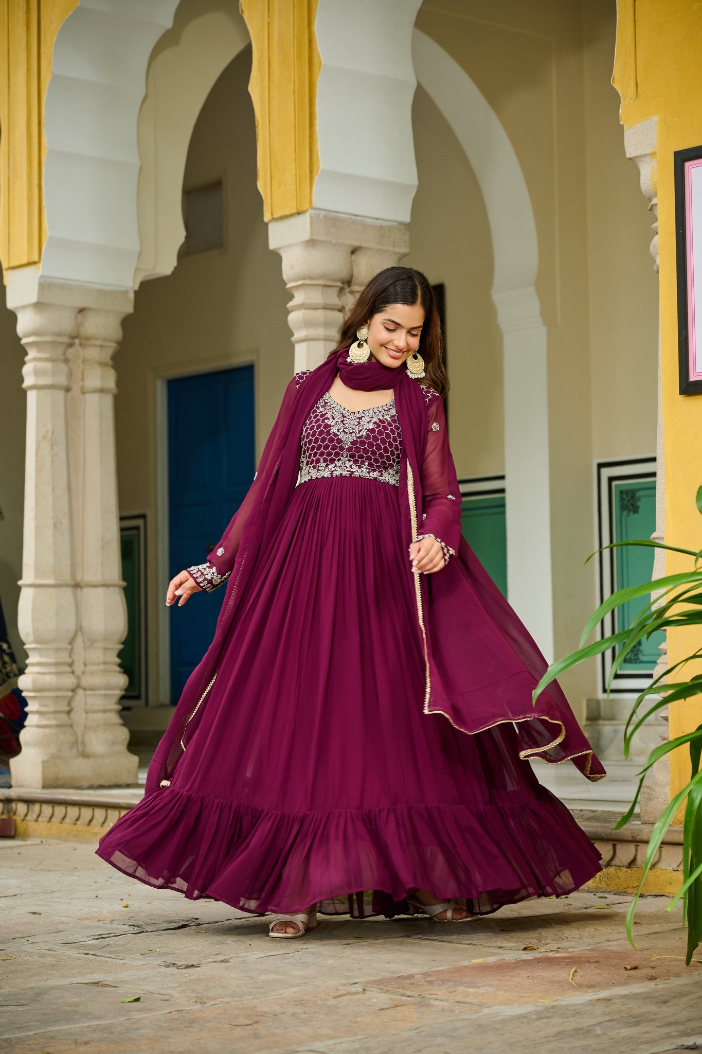 Wine Bloom Elegance The Royal Beaded Designer Gown