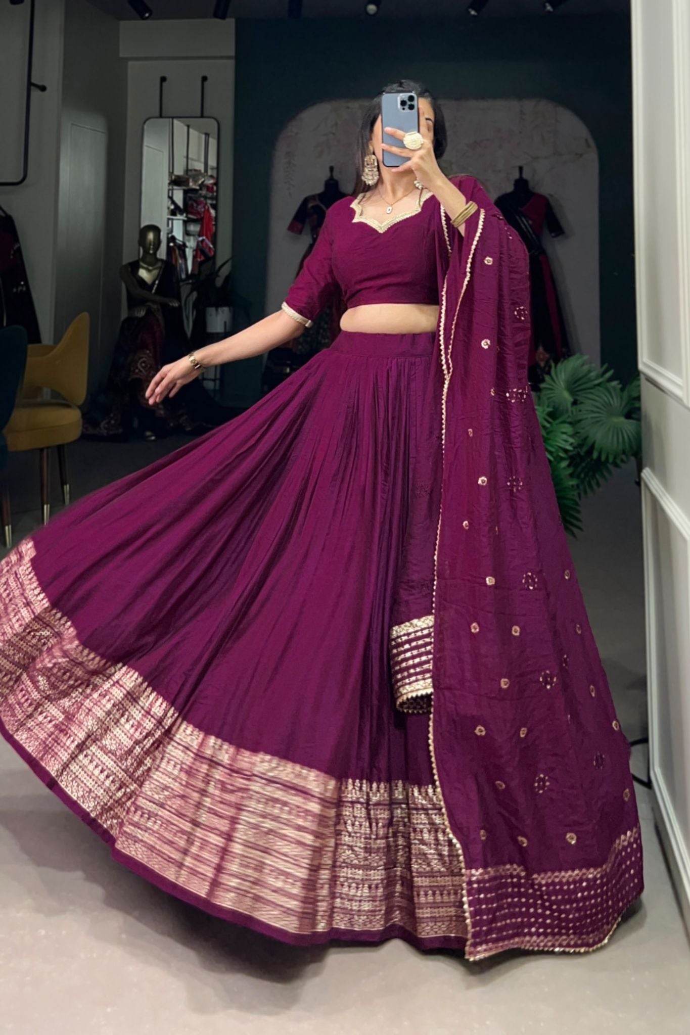 Pure Chanderi Plain With Zari Weaving Work Lehenga Choli