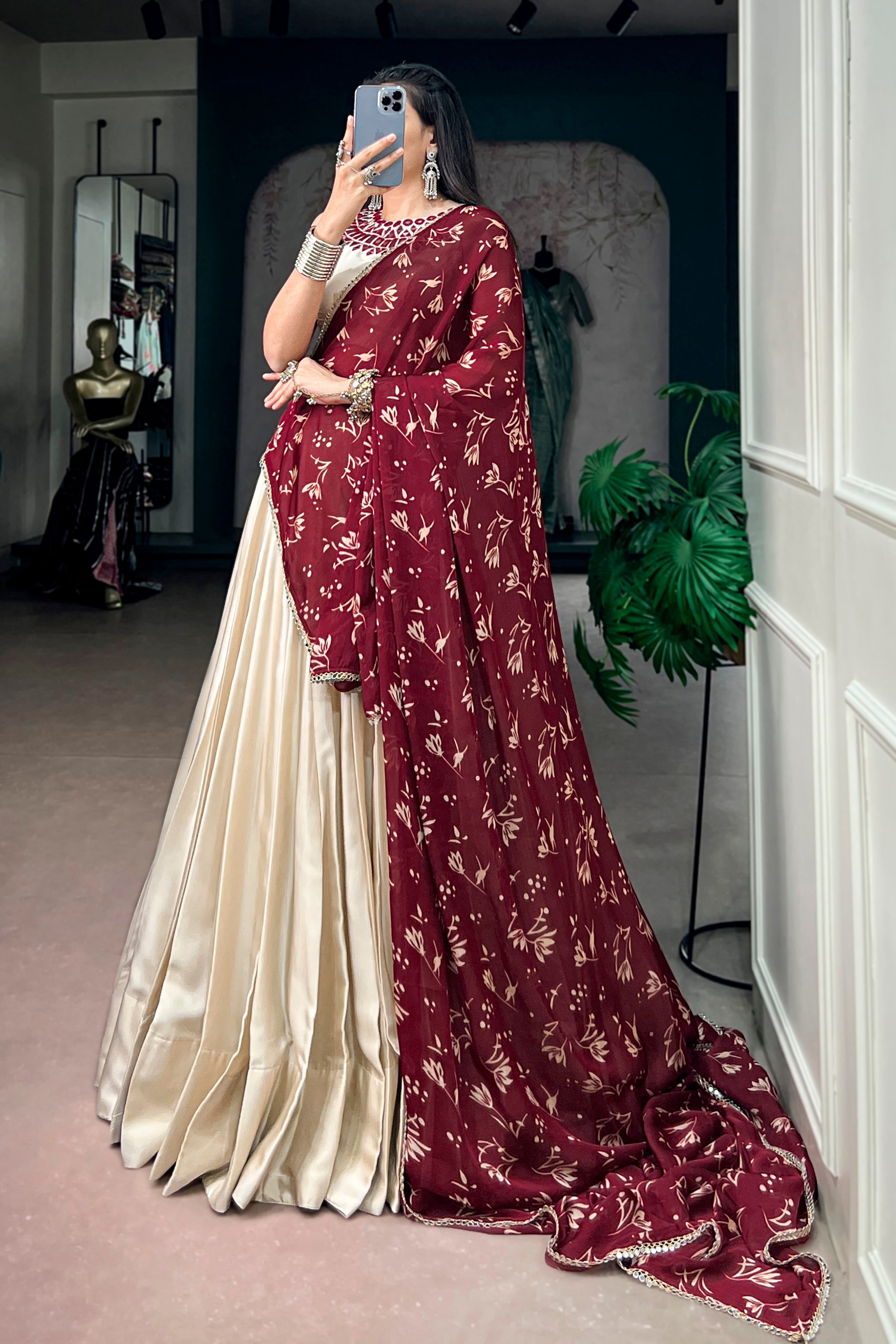 Navratri Special Lehenga Choli With Real Mirror Work Blouse & Maroon Beautiful Printed Dupatta