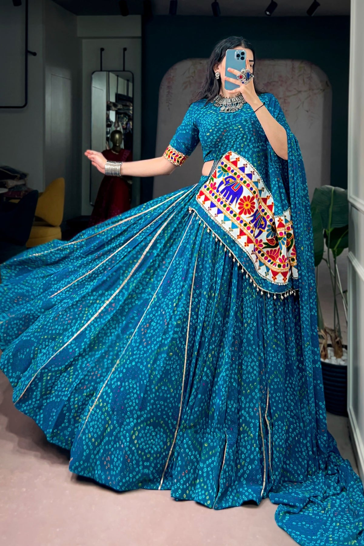Designer Navratri Lehenga Choli In Bandhej Print Georgette With Gamthi Work Dupatta