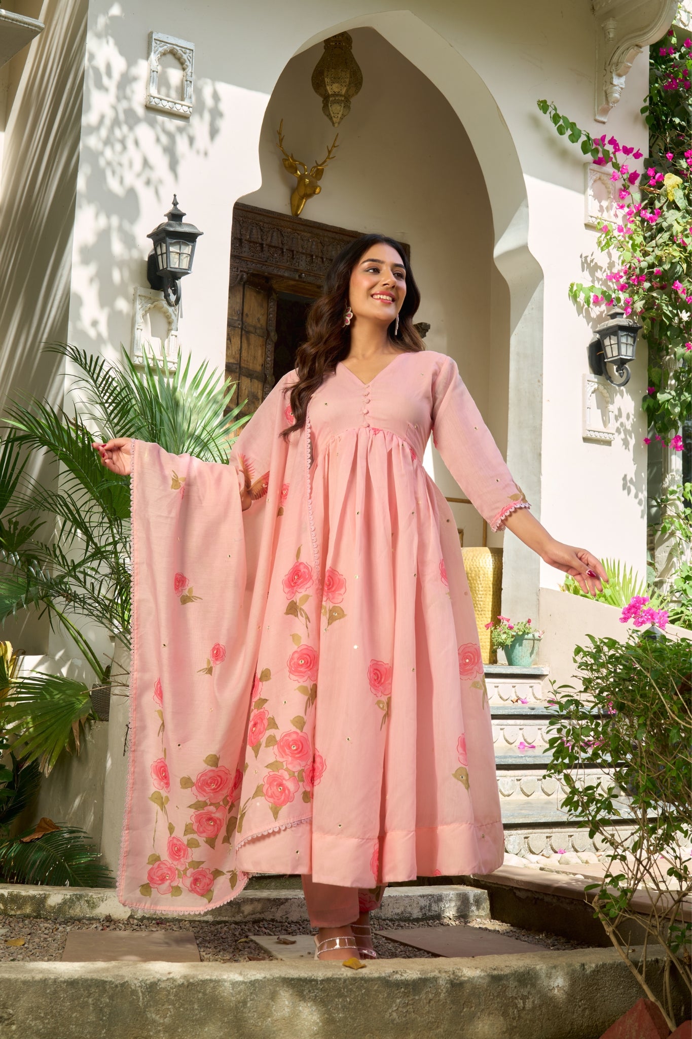 maxi anarkali dress Pure Chanderi Floral Anarkali Suit Set With Palazzo Dupatta For Women