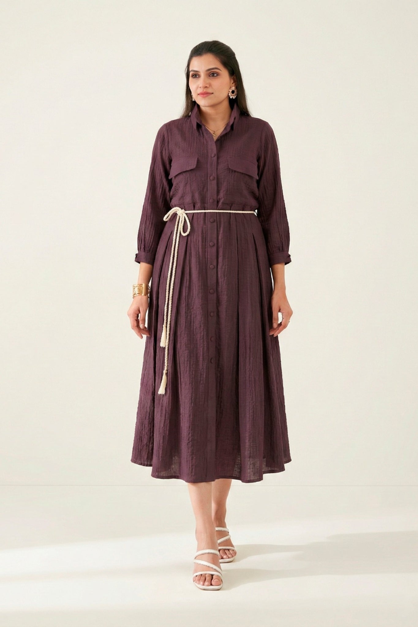 Premium Crackle Fabric Button Down Midi Frock For Women