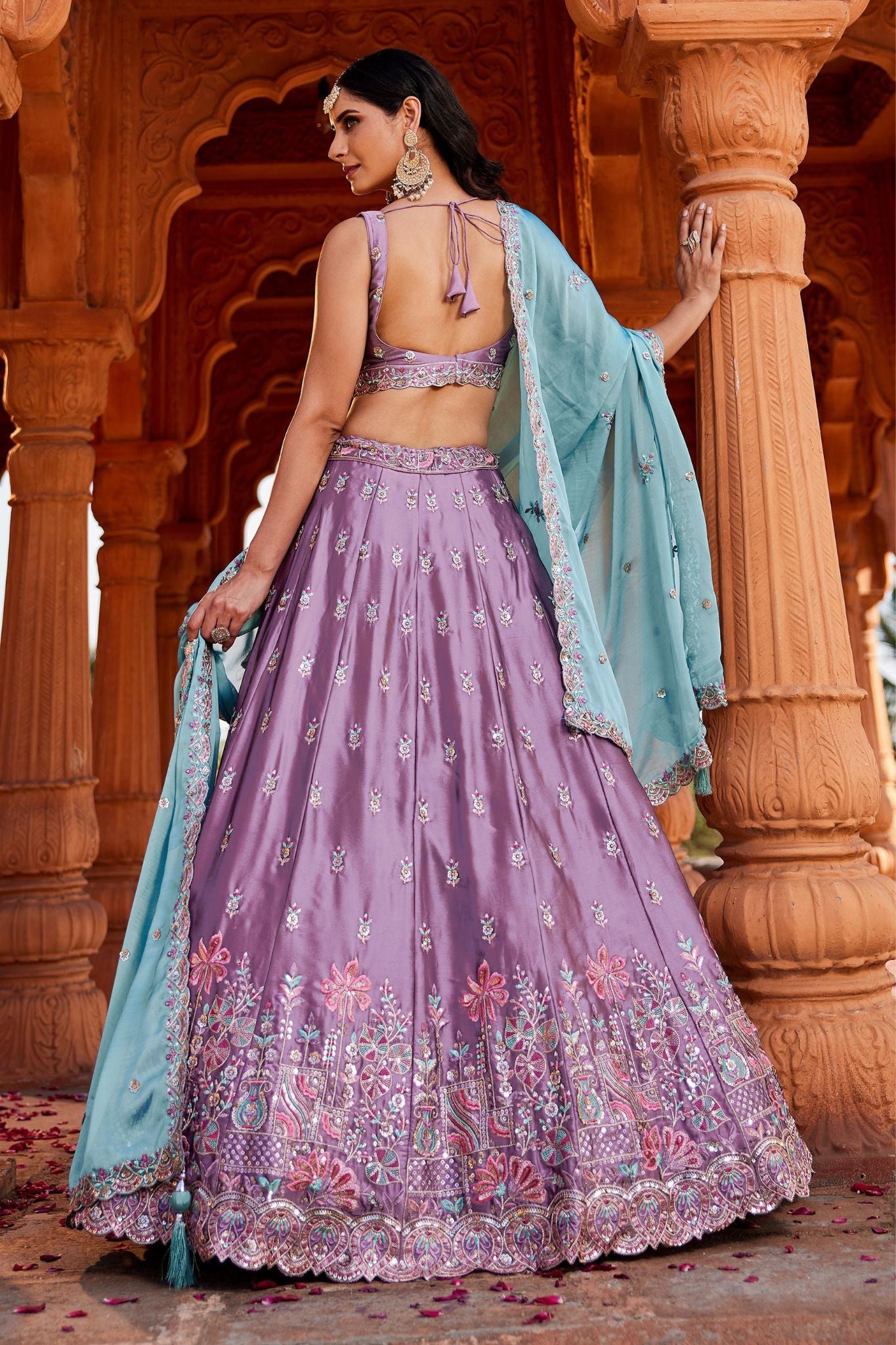 Lavender Rangoli Silk Designer Lehenga Choli With Aqua Blue Embroidered Dupatta