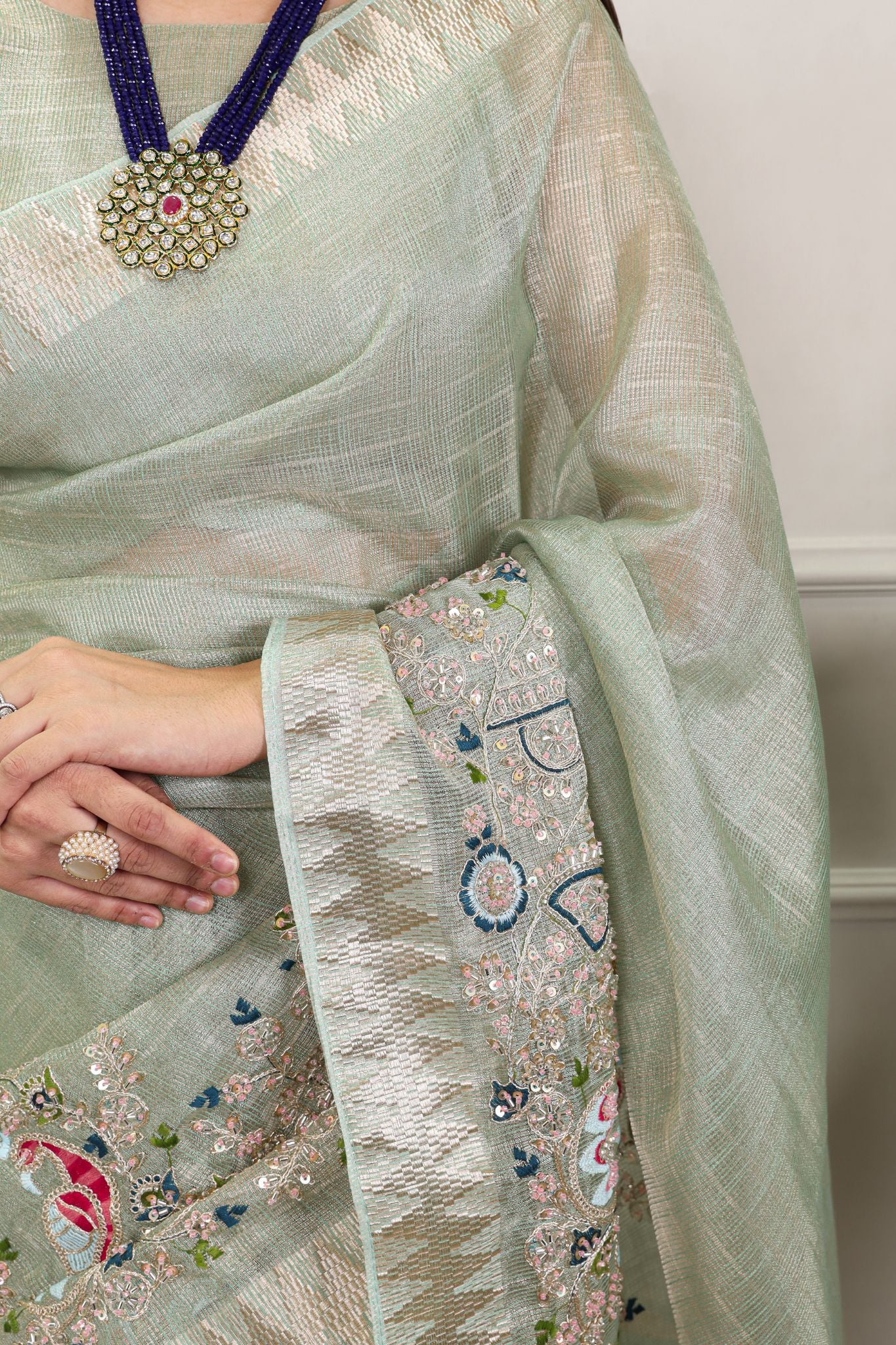 Premium Zari Kota Tissue Saree | Embroidery Beads Work Zari Weaving Border