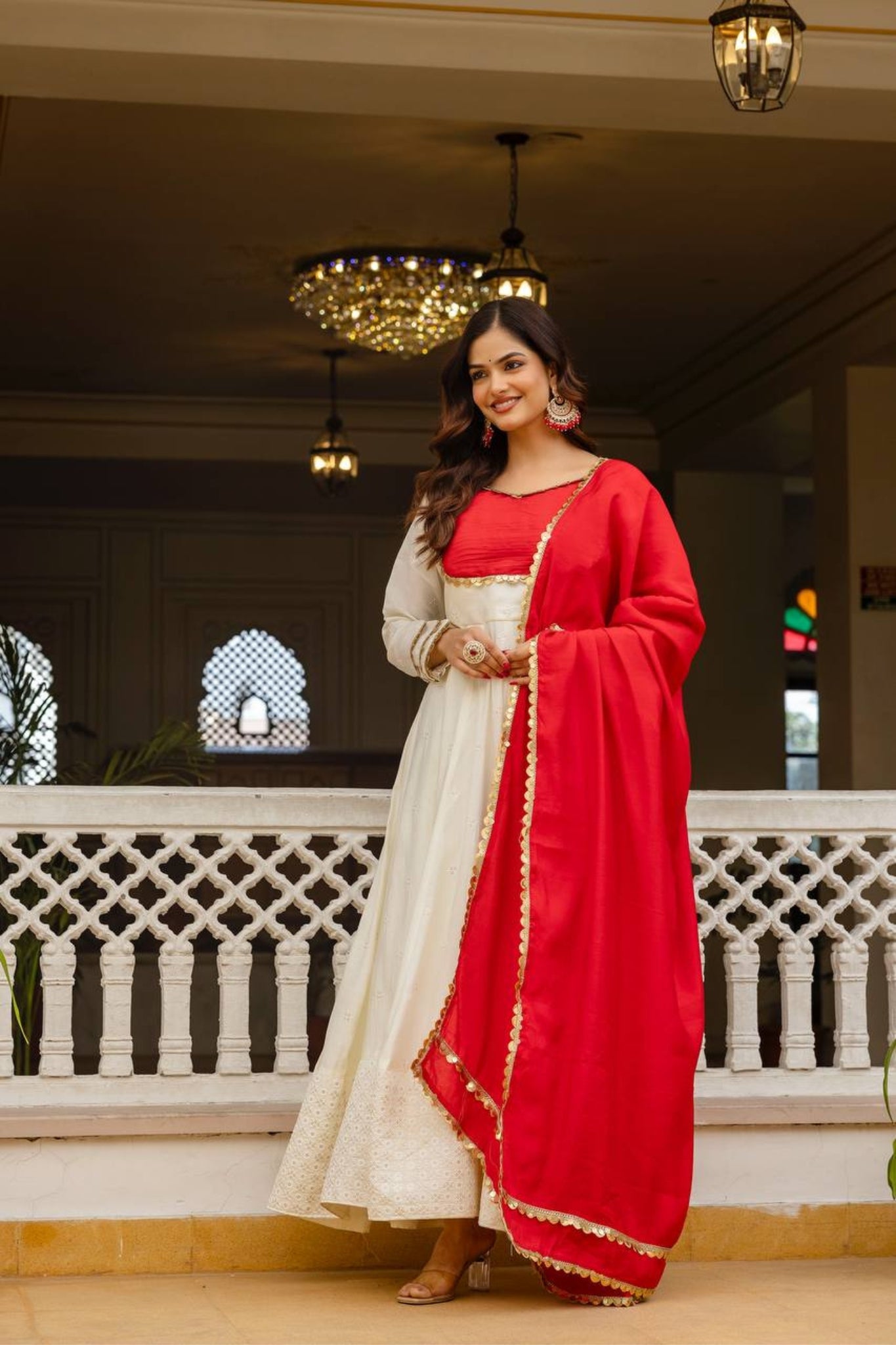 Elegant Roman Silk Chikankari Anarkali Set With Dupatta