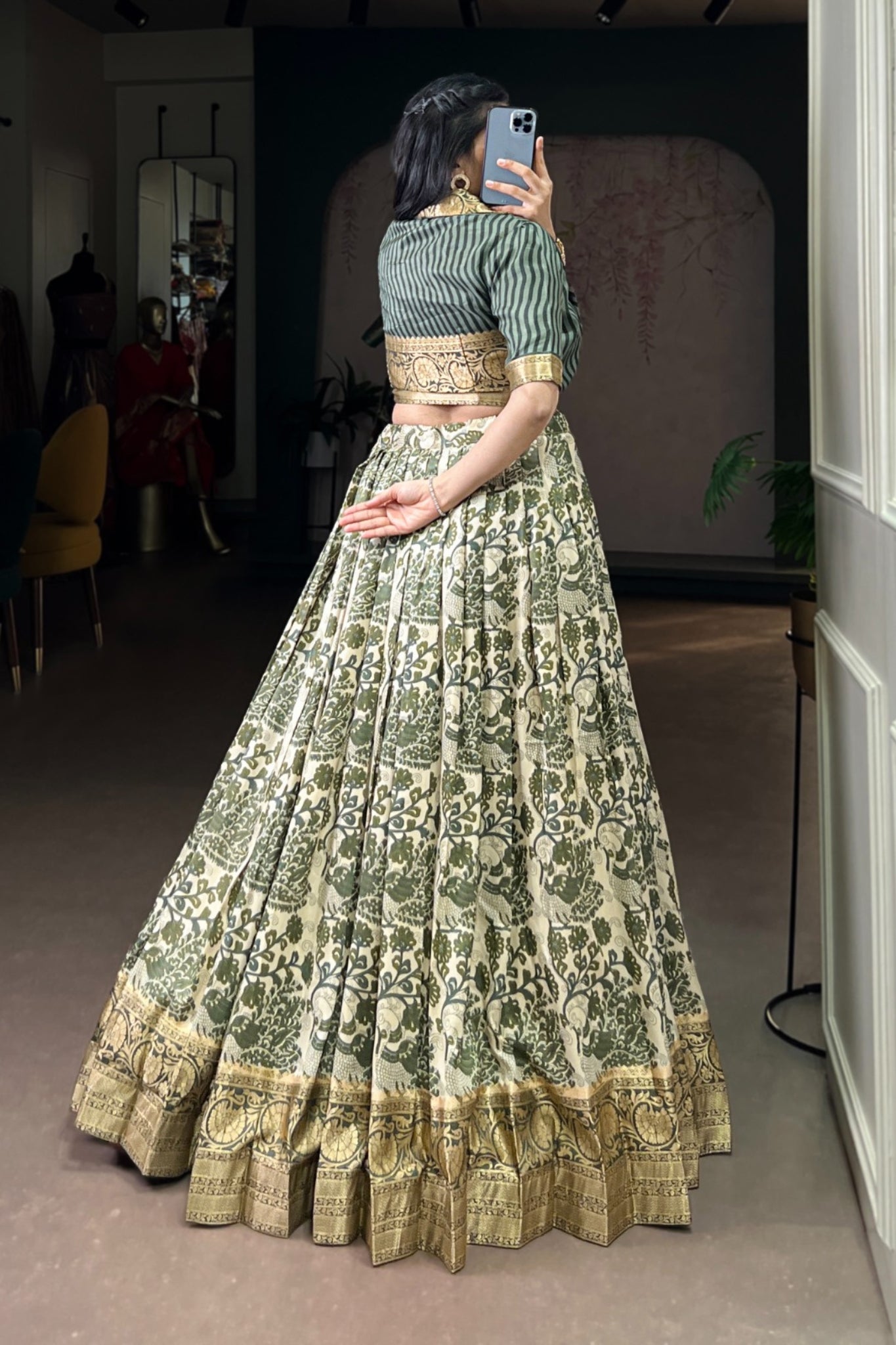 Handcrafted Tasar Silk Printed With Viscose Border Lehenga Choli