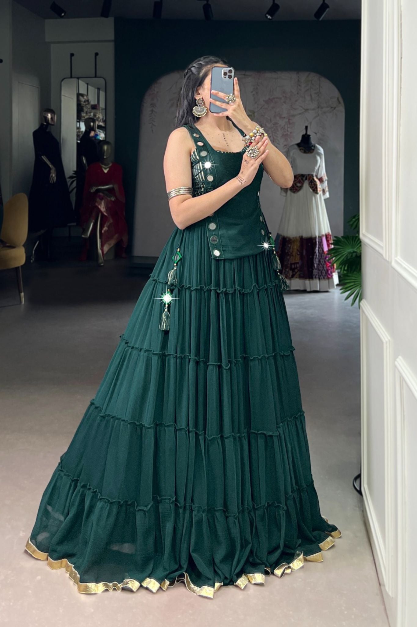 14 Meter Full Gher Navratri Showstopper Lehenga Choli With Mirror Koti