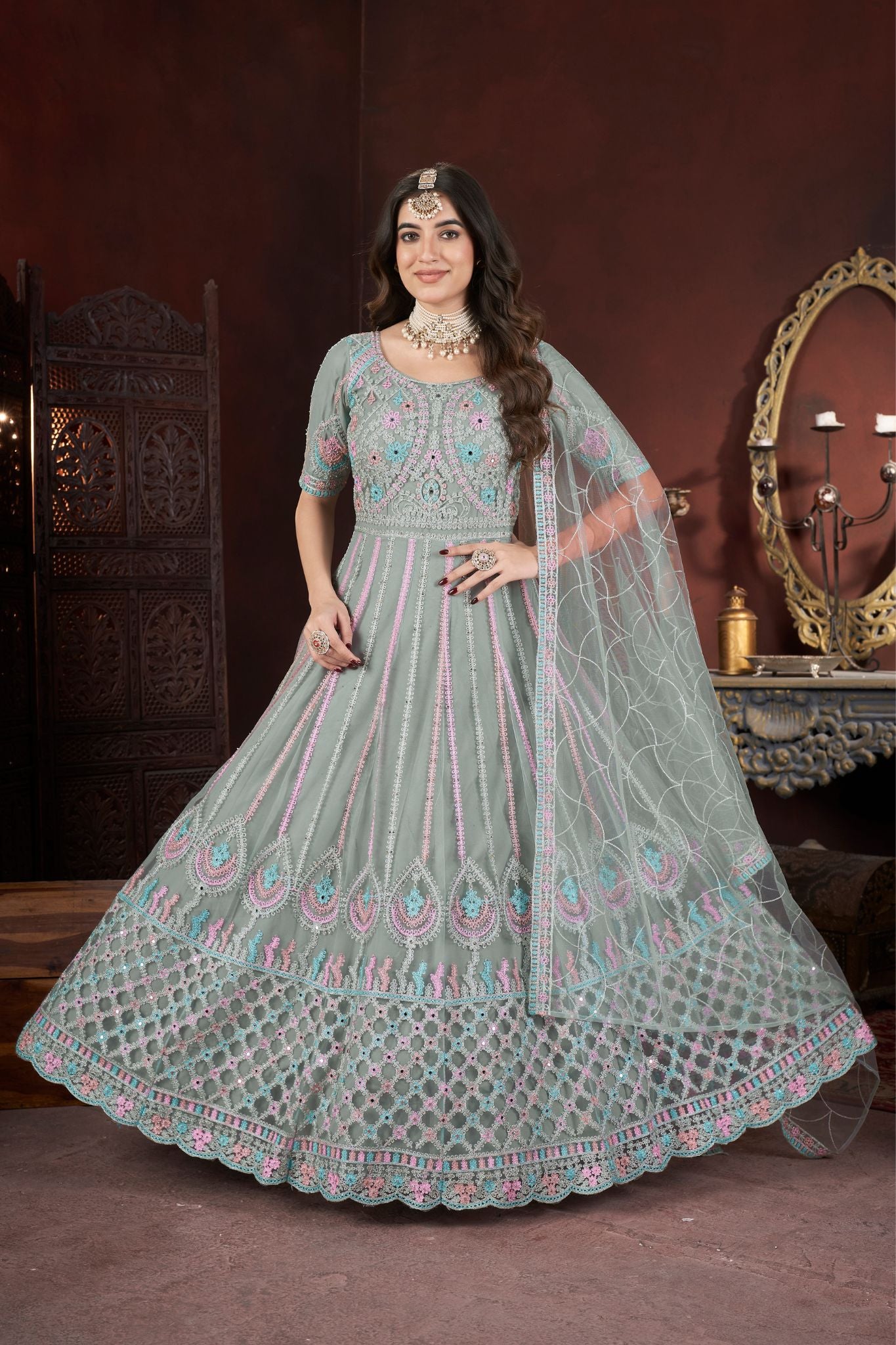 Pista Thread Embroidery With Zarkan And Mirror Work Elegance Gown