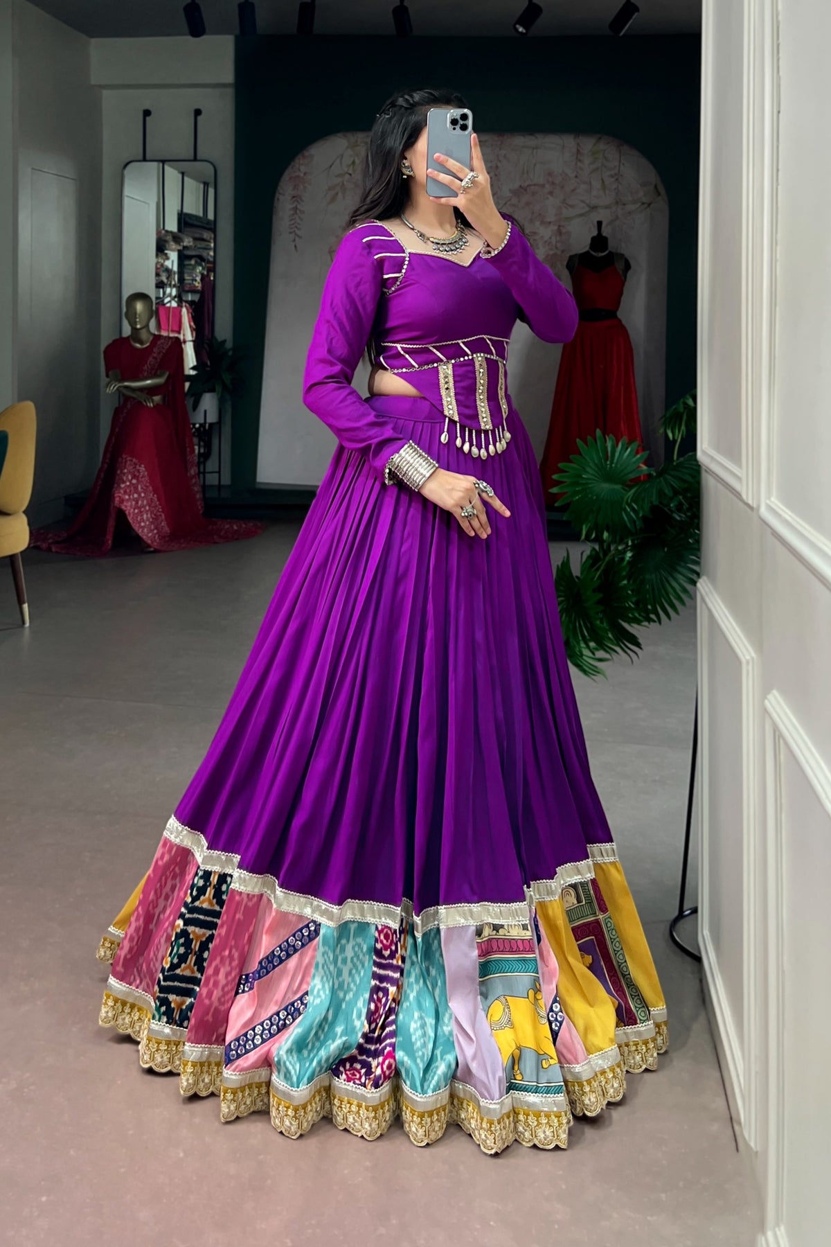 Purple Rayon Navratri Designer Multicolor Patchwork Lehenga Choli