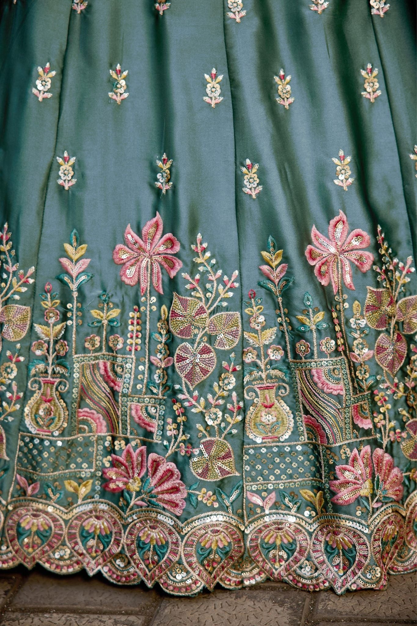 Teal Blue Rangoli Silk Designer Lehenga Choli With Pink Embroidered Dupatta