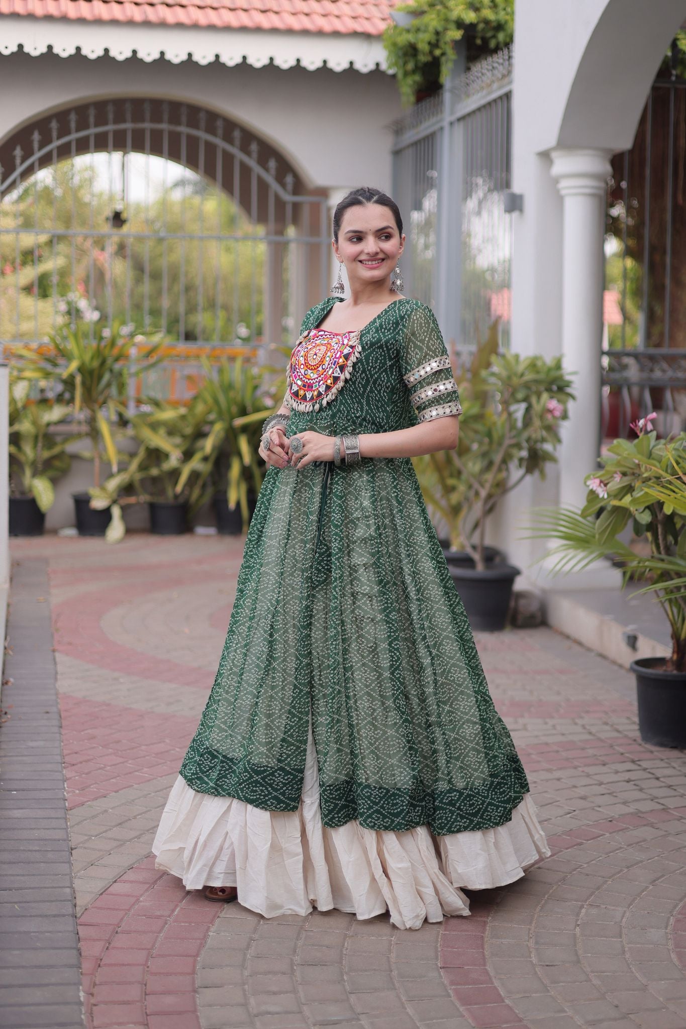 Raasrang Navratri Designer Kora Cotton Lehenga With Kutchi Patchwork Bandhani Print Kurti For Garba & Dandiya