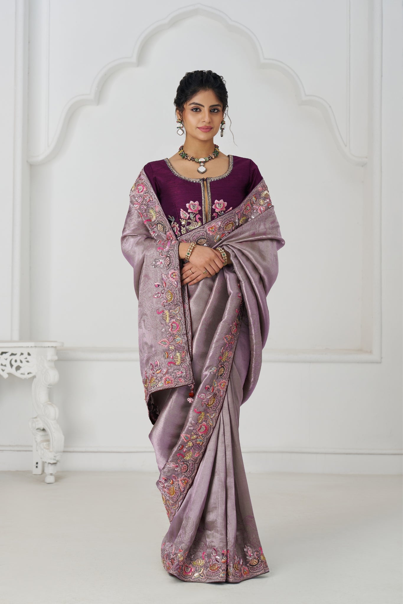 Mauve Luxury Wedding Saree With Multi-Thread Bead Embroidery & Sequin Work