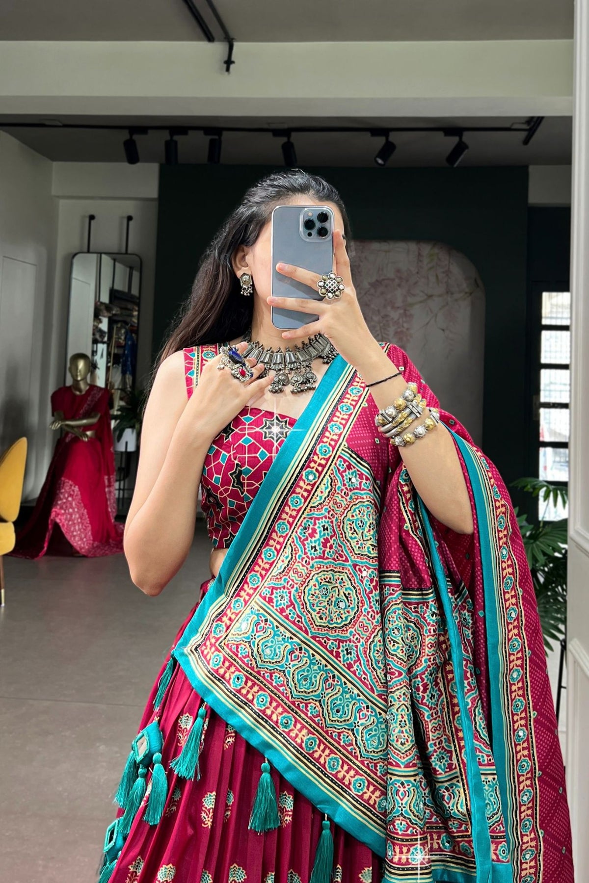 Designer Tasar Silk Ajrak Print Navratri Lehenga Choli