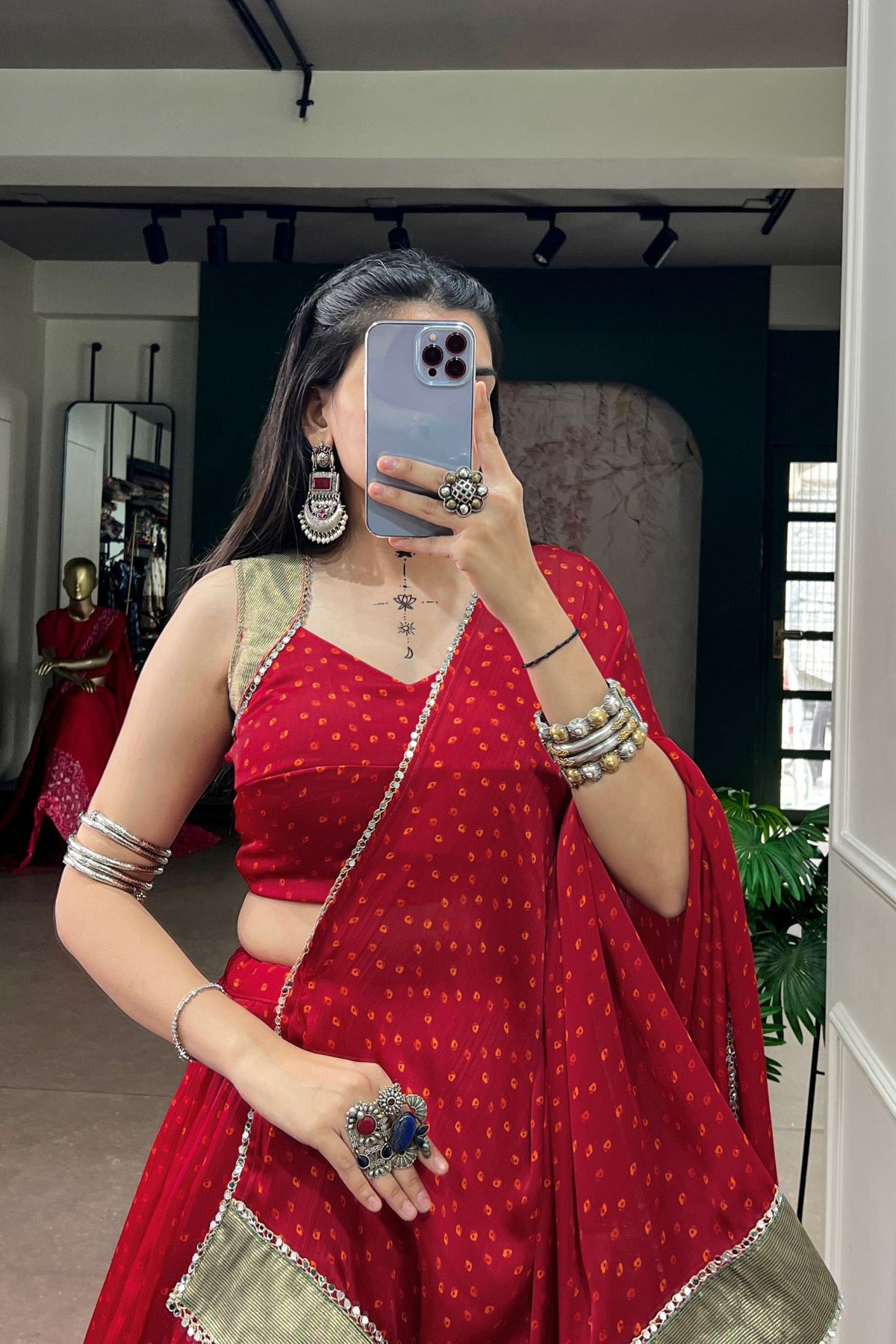 Red Traditional Bandhej Designer Navratri Lehenga Choli