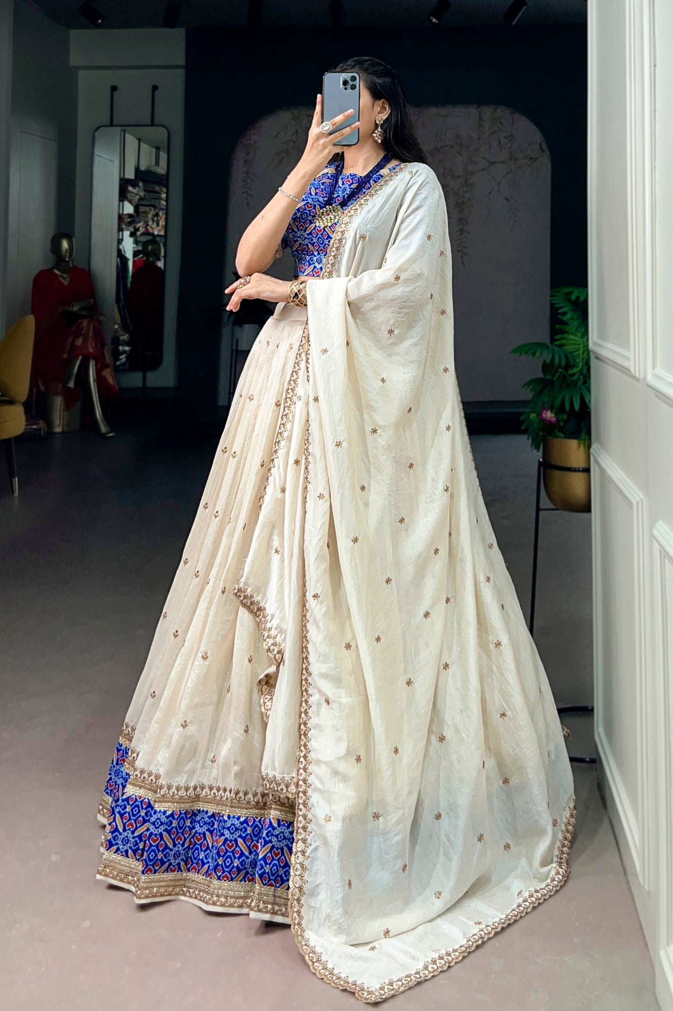 Designer Ivory And Royal Blue Embroidered Lehenga Choli For Women