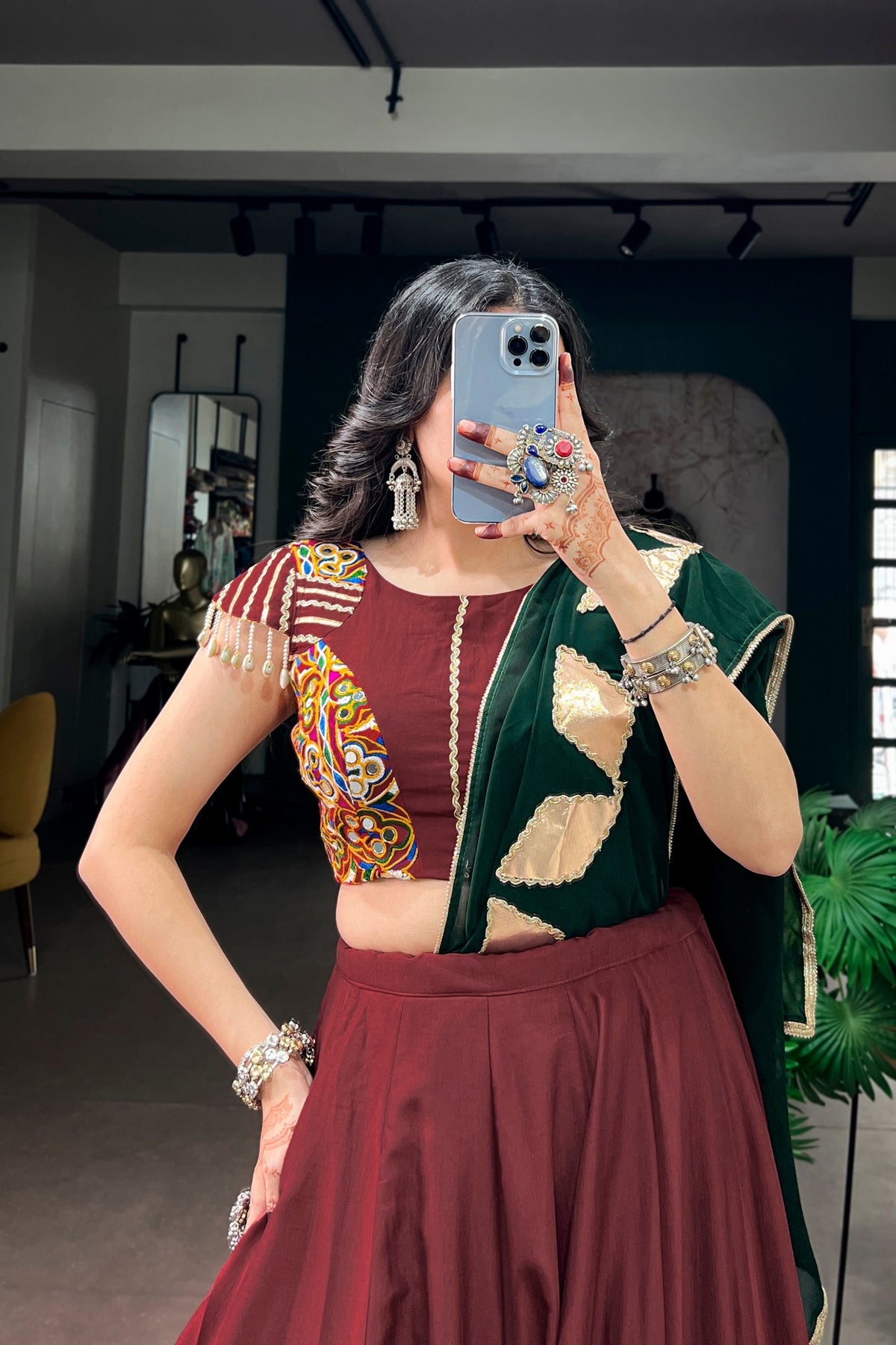 Navratri Special Designer Maroon-Green Traditional Lehenga Choli