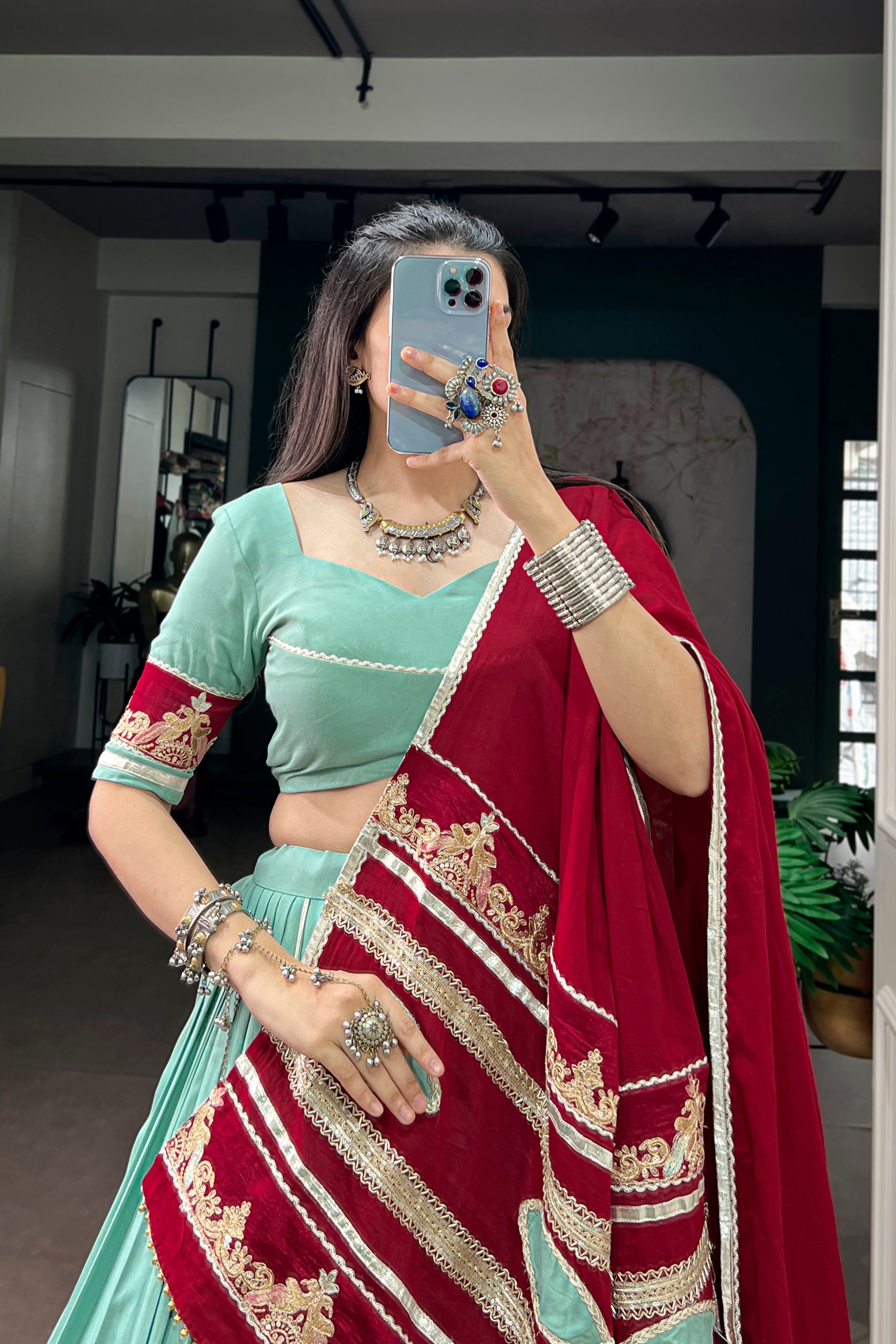 Sea Green Pure Rayon Navratri Special Designer Lehenga Choli With Maroon Embroidered Dupatta