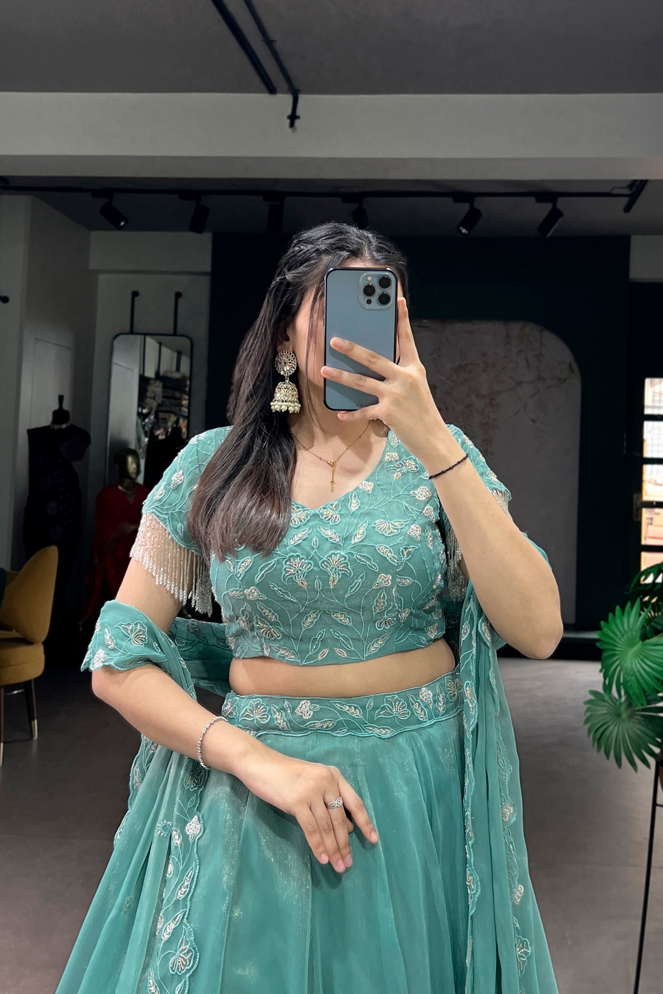 Premium Sea Green Beads With Thread Embroidered Work Lehenga Choli