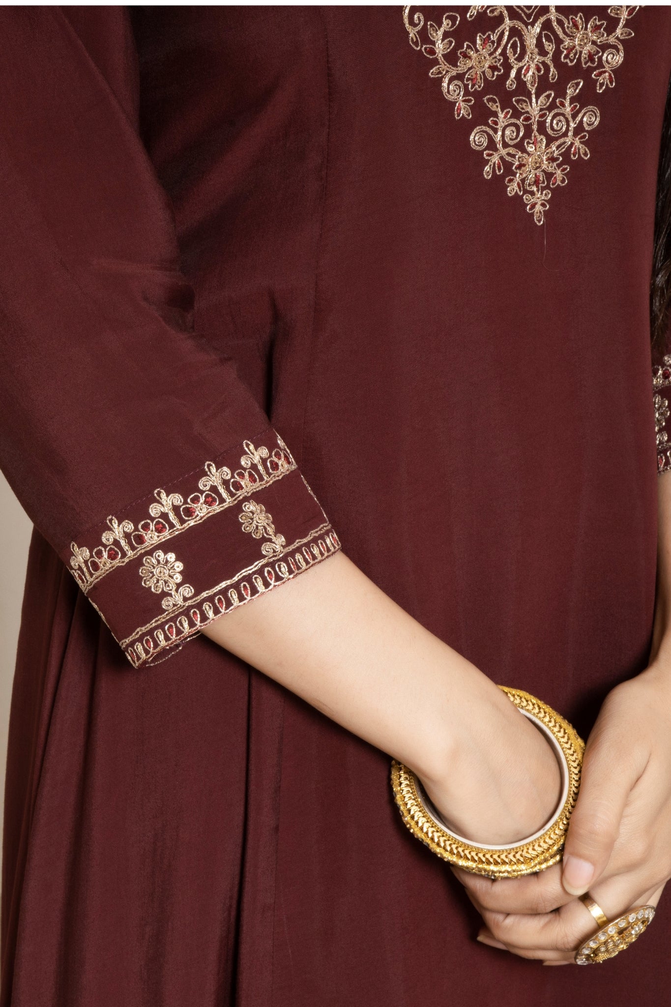 Maroon Straight-Cut Kurta Set With Gold Embroidery And Sheer Dupatta